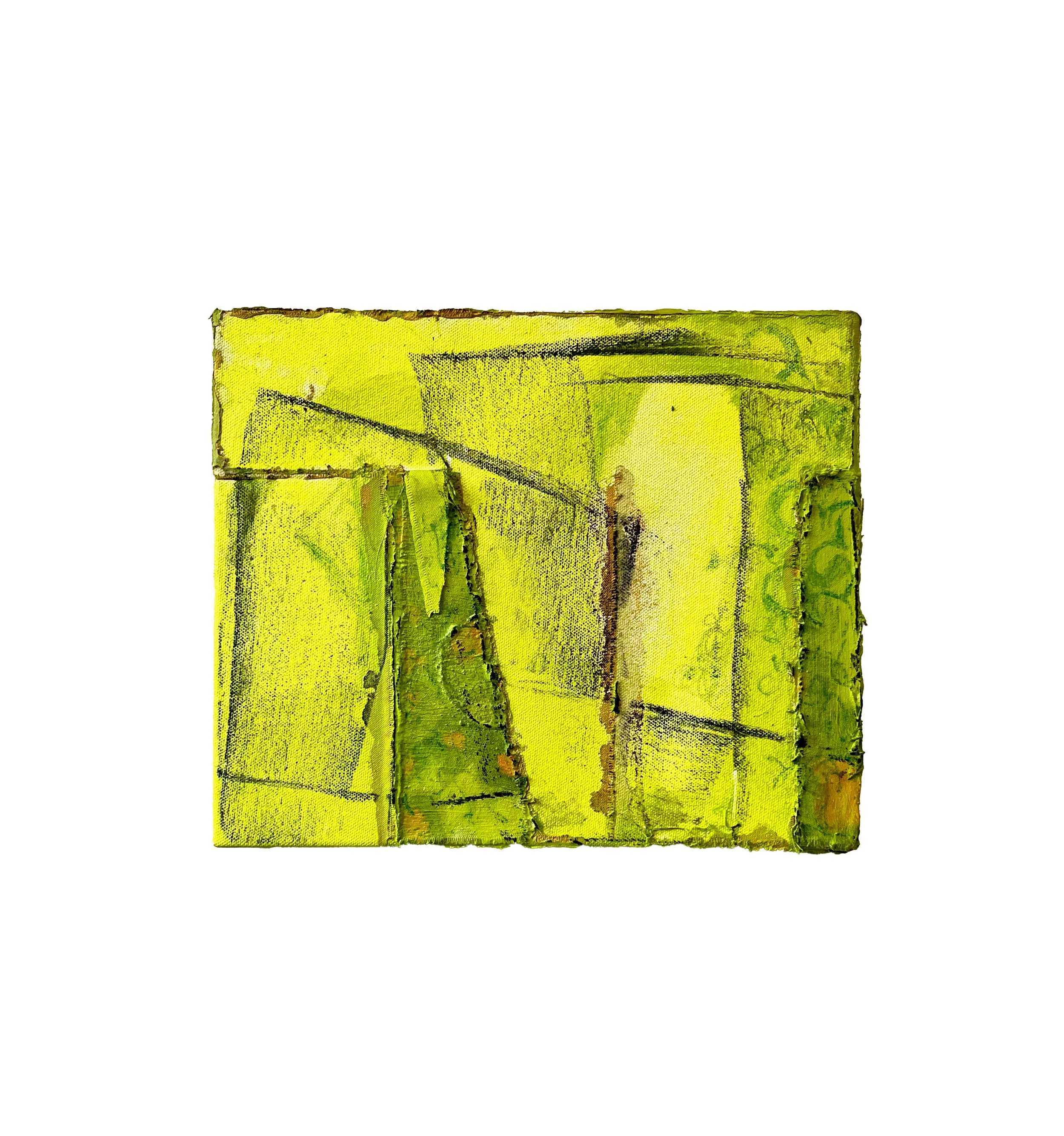 Headroom, 2024, acrylic, charcoal, watercolour pencil and collaged fabric on canvas, 25 x 30cm