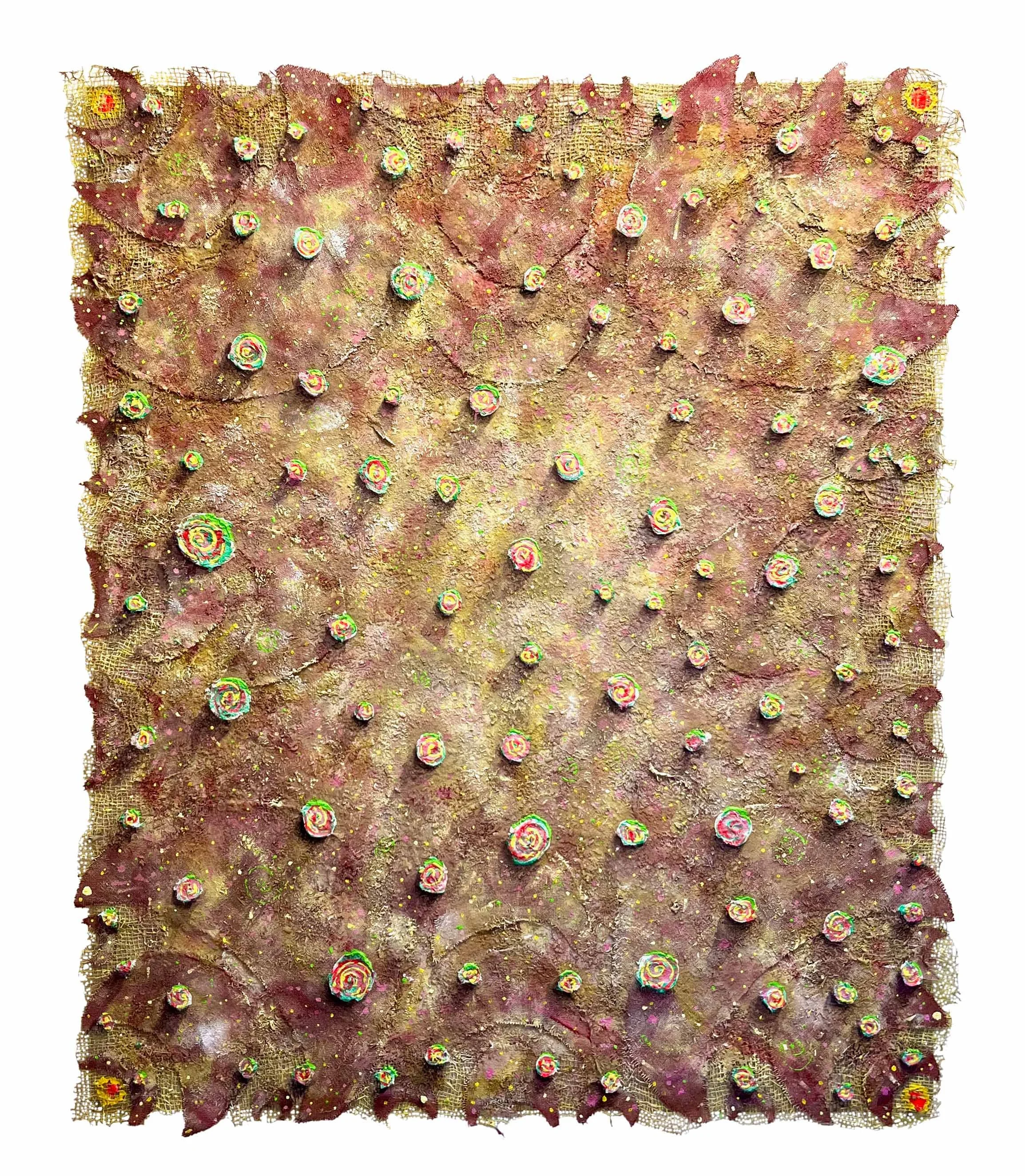 Trip-9, 2025, acrylic, gouache, collaged hessian, sand and sawdust on canvas, 169 x 138cm