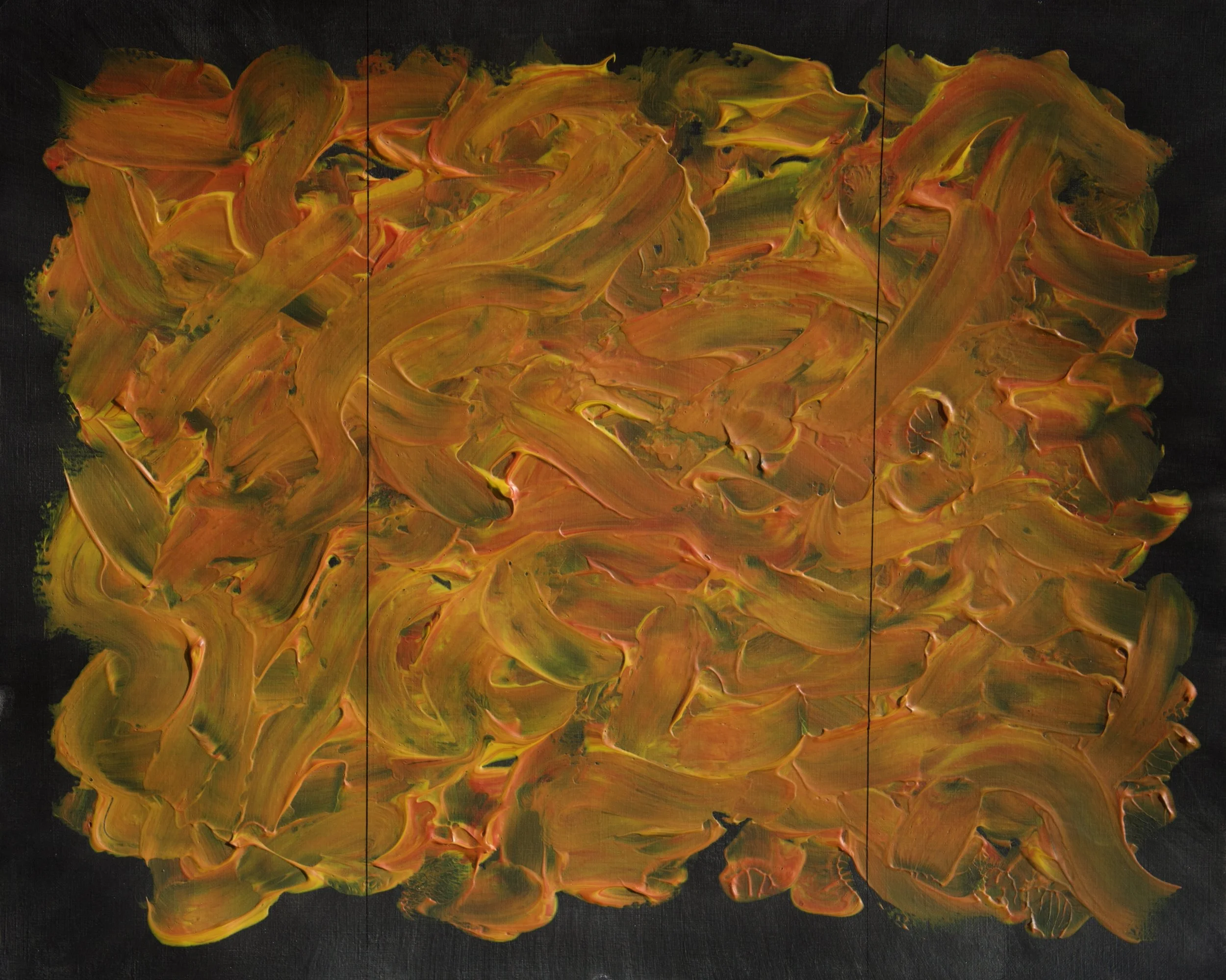 Abstract painting with thick brushstrokes of yellow, orange, and green hues on a black background.