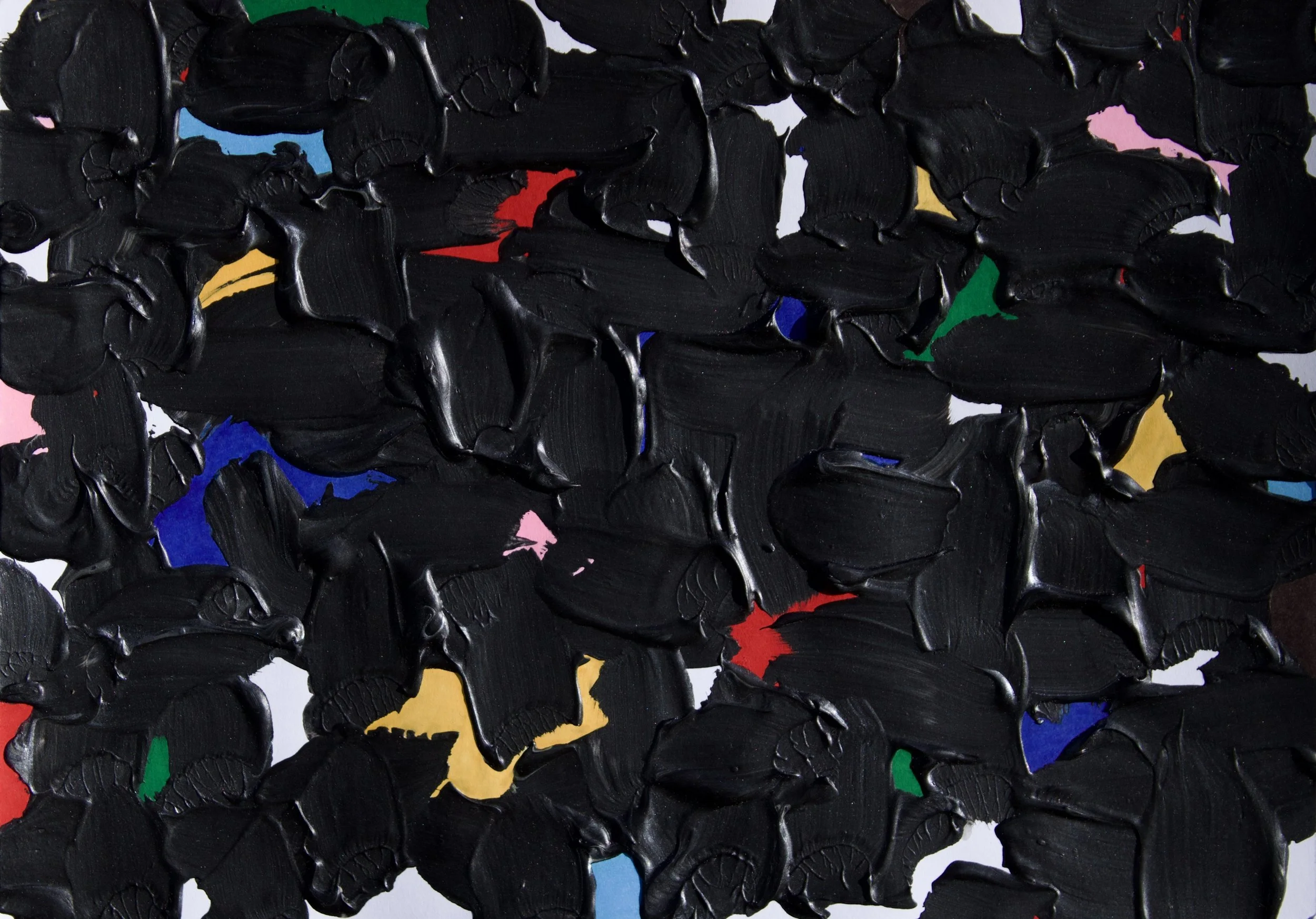 Abstract painting with black textured strokes and small patches of colorful paint including blue, red, pink, yellow, and green.
