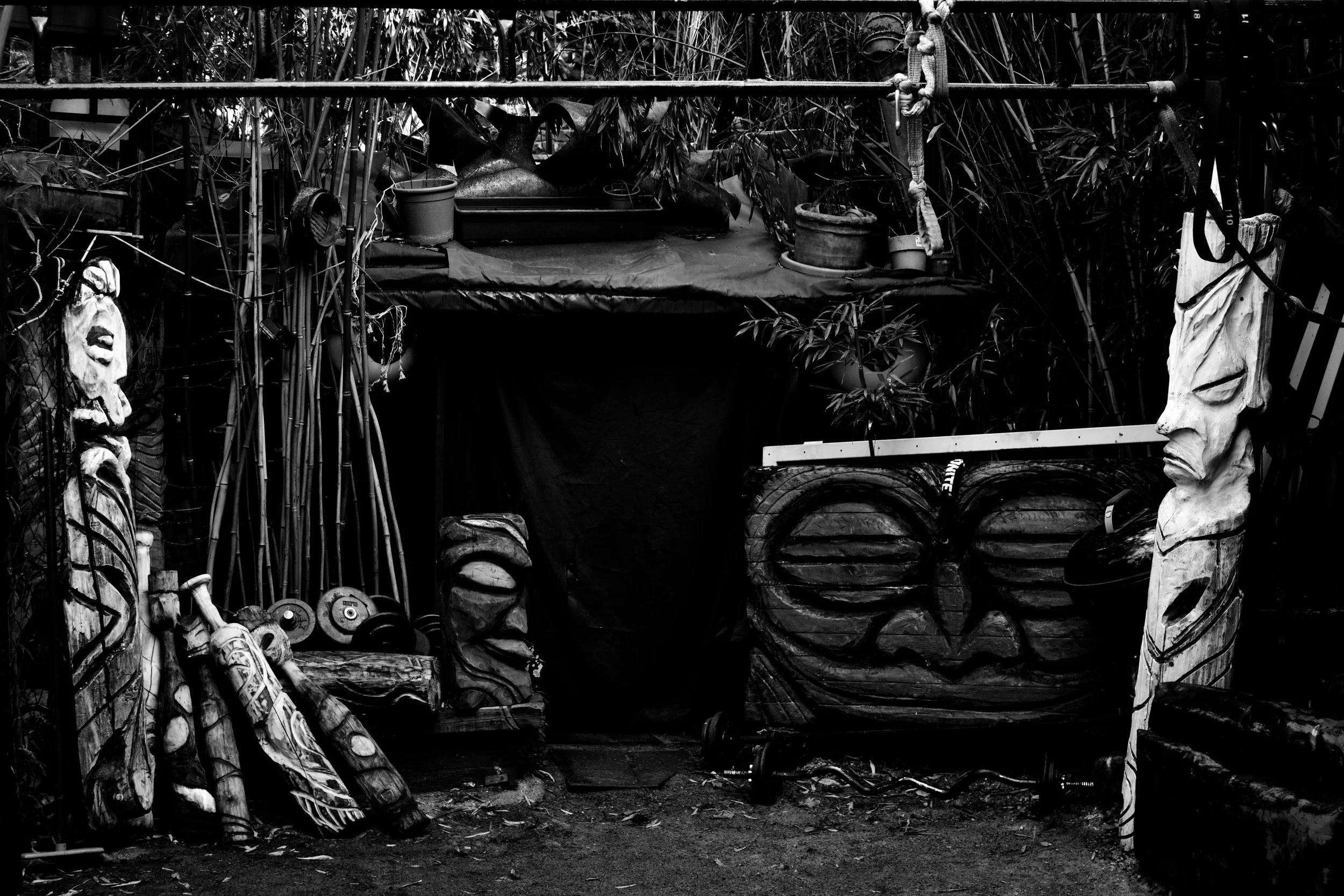 A cluttered space with tribal masks, wooden carvings, potted plants, weights, and ropes. The scene appears as a mix of artistic and functional objects.