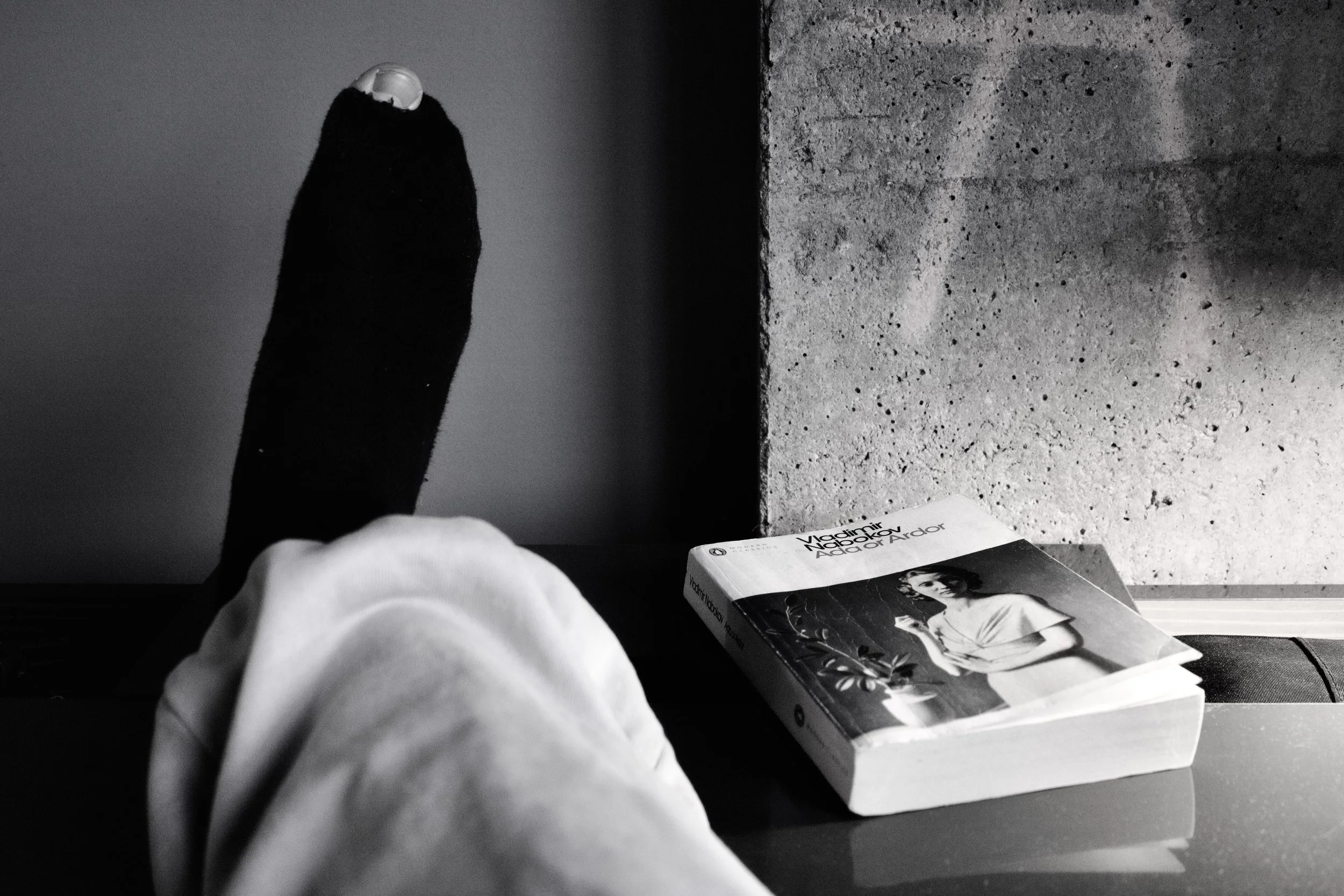 Black and white photo of a person's hand reaching for a book titled 'Vladimir Nabokov.' The book cover features an image of a woman. The background includes a textured wall and a piece of furniture.