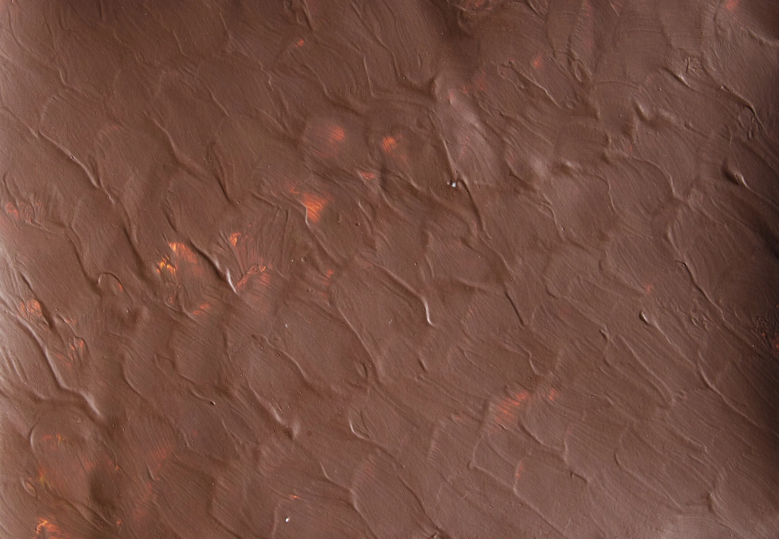 Close-up of a textured brown surface with subtle reddish-orange specks.