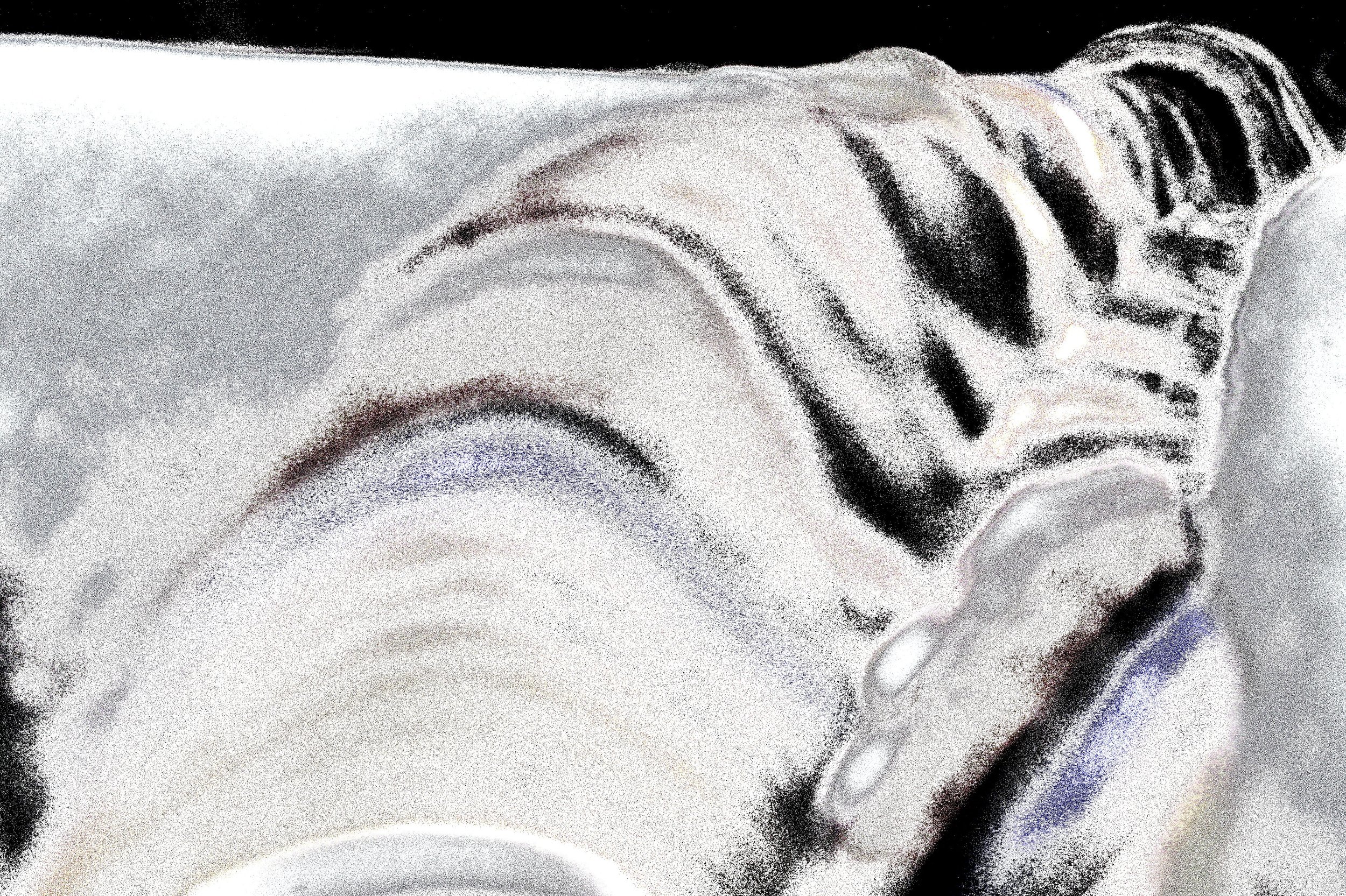 Abstract undulating landscape mostly of grainy platinum colour with some stripes of brown, blue, beige, black.