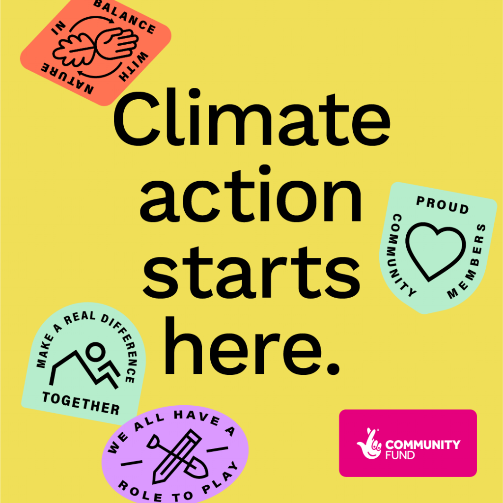Yellow poster from National Lottery featuring the slogan Climate Action Starts Here
