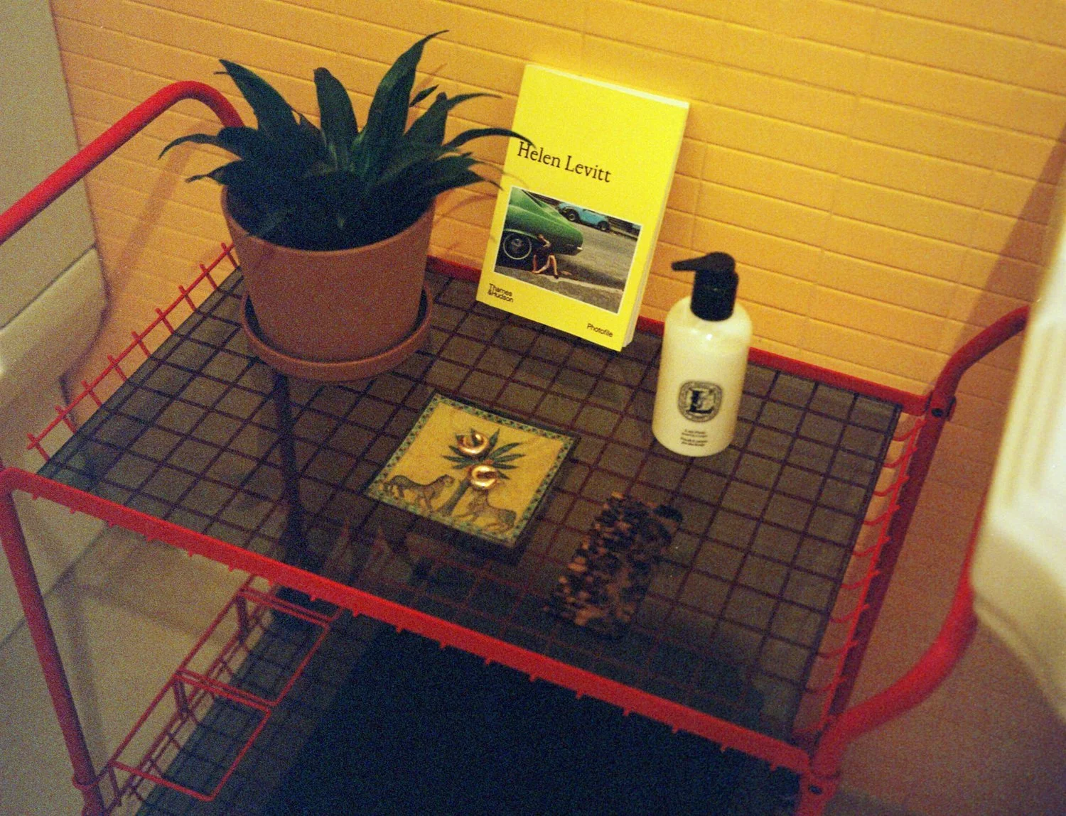 A red metal cart with a potted plant, a book titled "Helen Levitt", a bottle of lotion or sanitizer, a small card with palm trees, a beaded bracelet, and a small tray or box with a pattern on it, placed against a yellow wall.