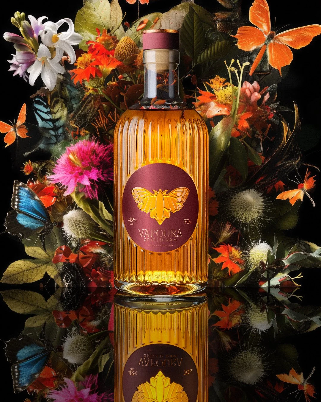 Vapoura Spiced Rum bottle with a golden moth label, surrounded by colourful flowers and butterflies.