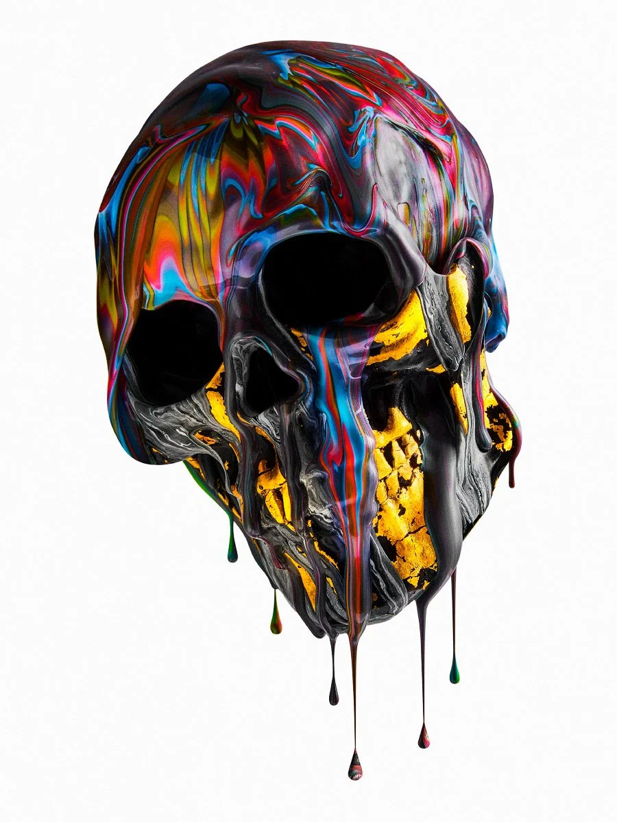 Vibrant skull art covered in melting rainbow paint and gold leaf accents dripping against a white background.