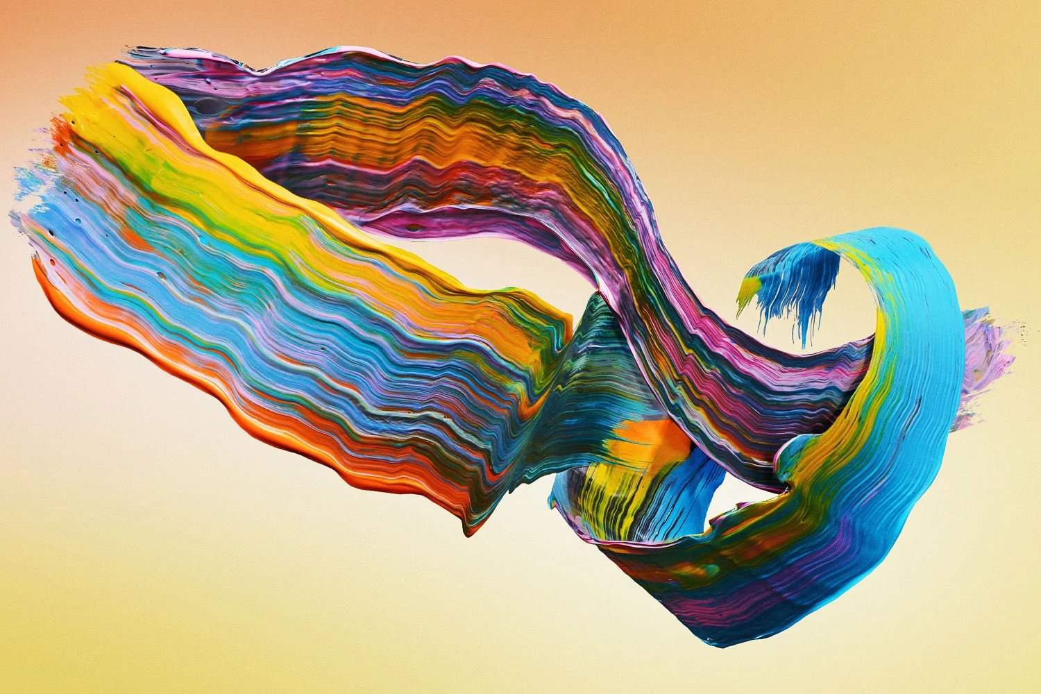 Dynamic swirling ribbons of multicoloured thick paint with a vibrant texture on a warm gradient background.