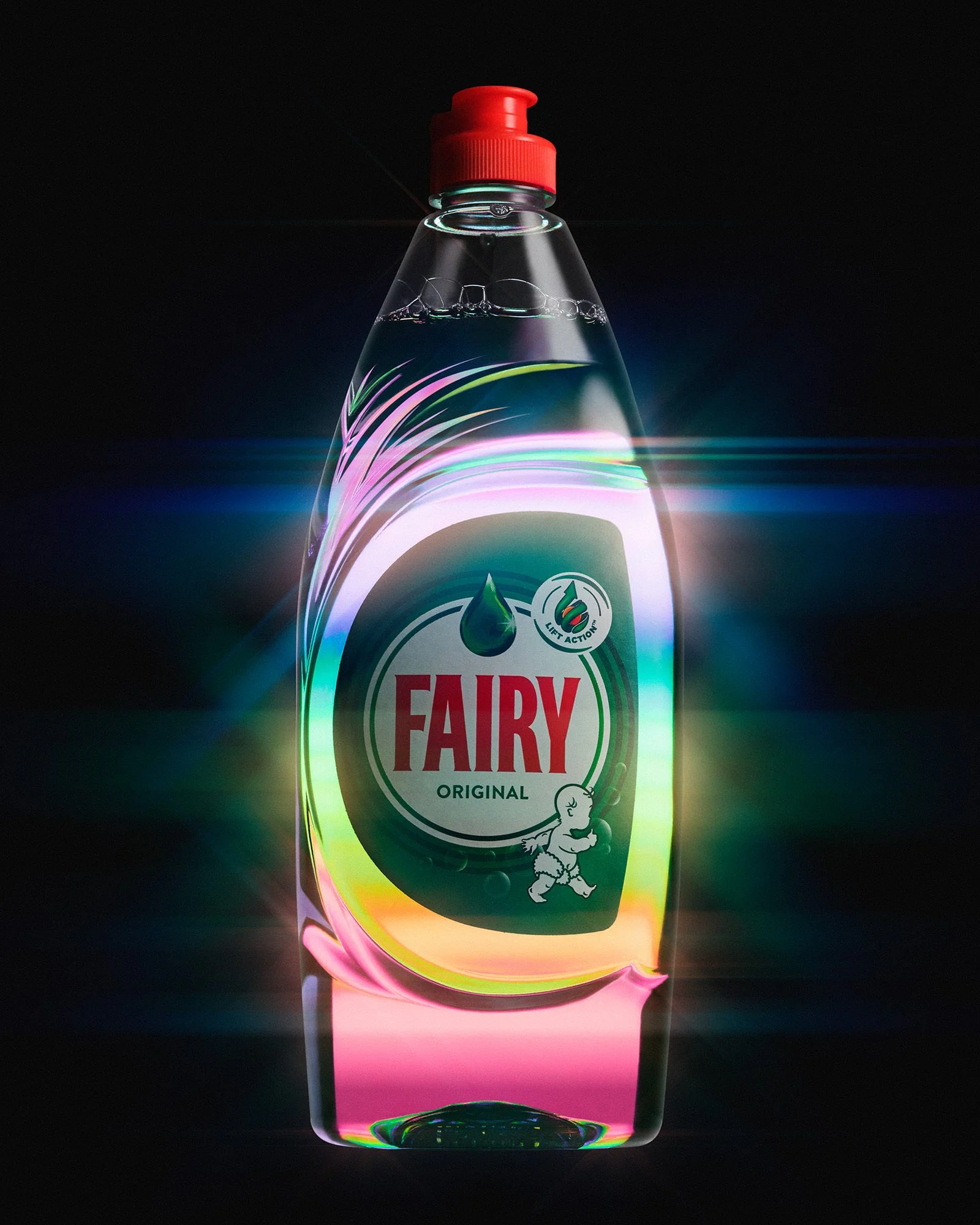 Fairy Original dishwashing liquid bottle illuminated with vibrant iridescent rainbow light flares.