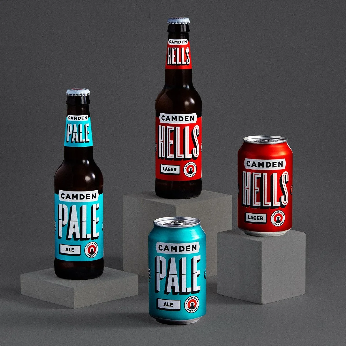 Camden Town Brewery Hells Lager and Pale Ale bottles and cans on grey studio pedestals