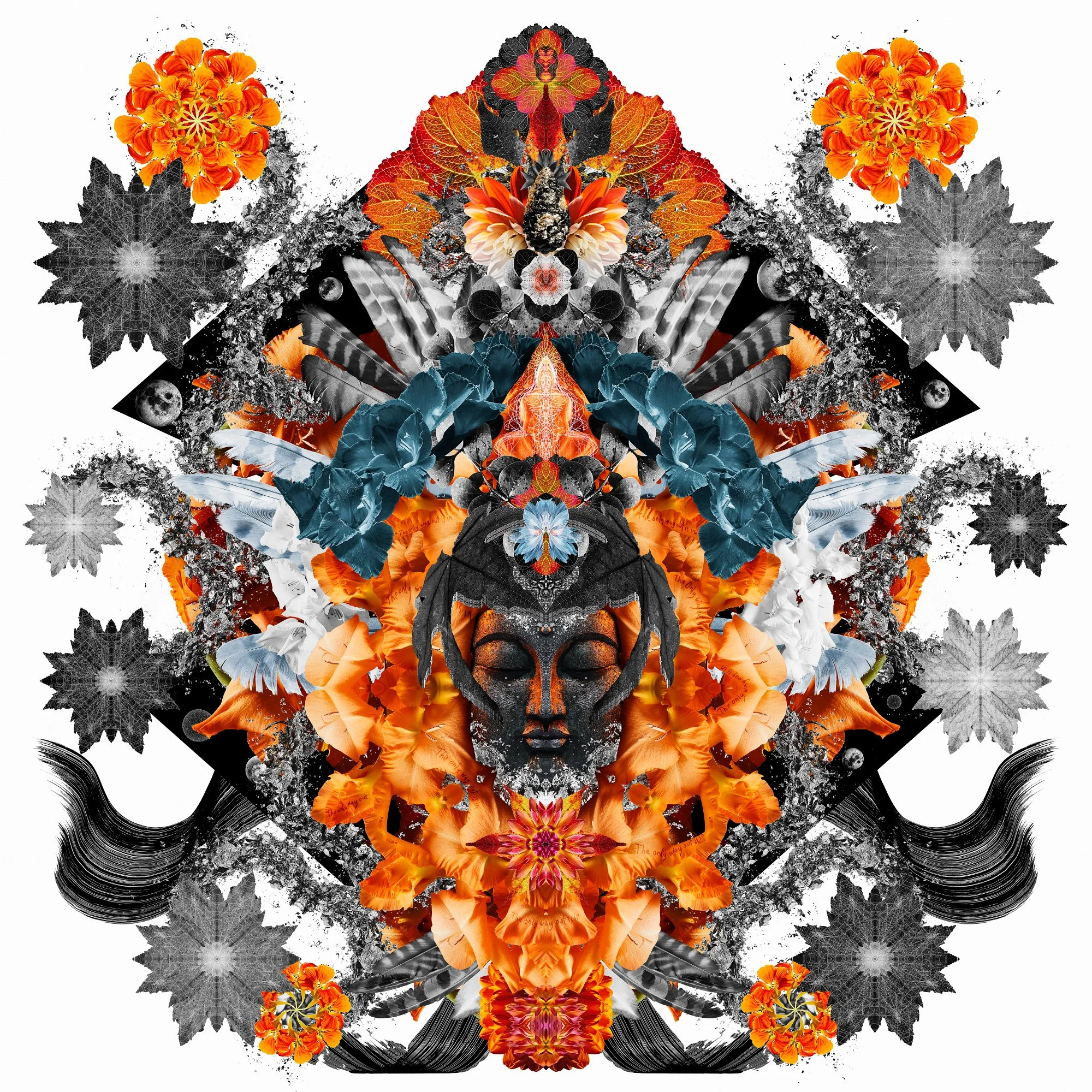 Symmetrical digital collage featuring a central dark Buddha head surrounded by vibrant orange flowers and blue petals.