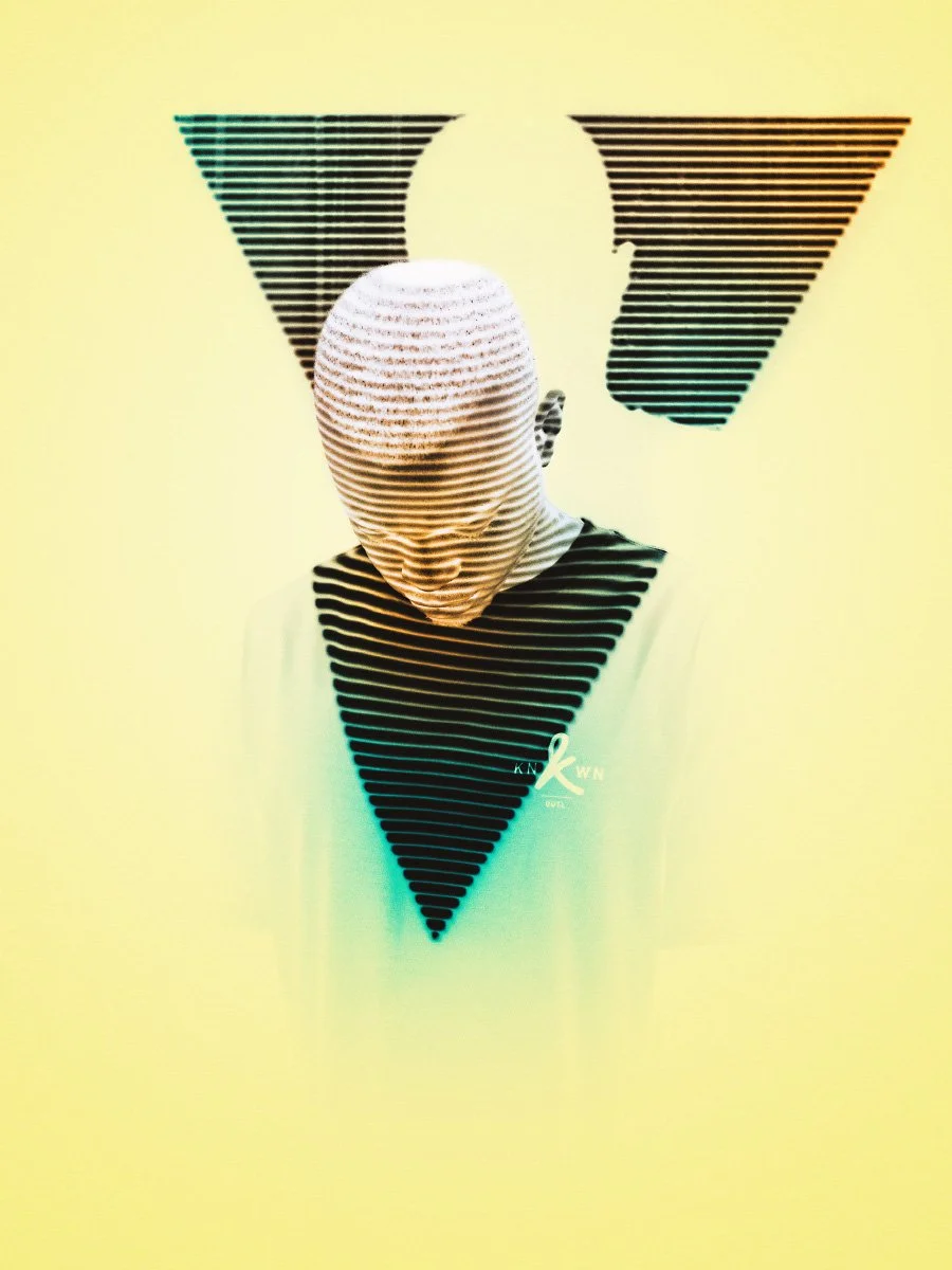 Portrait of George The Poet featuring an artistic horizontal line pattern and silhouette overlay against a yellow background.