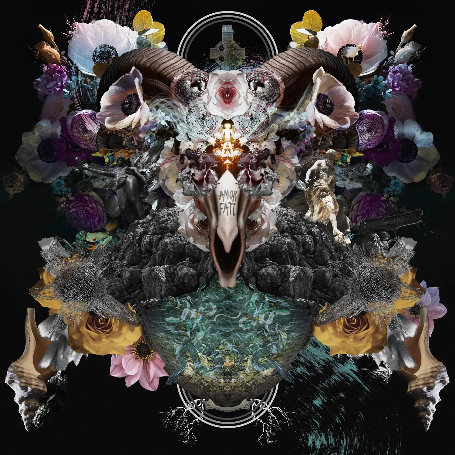 Surreal digital collage featuring a central skull with Amor Fati text surrounded by vibrant flowers and statues.