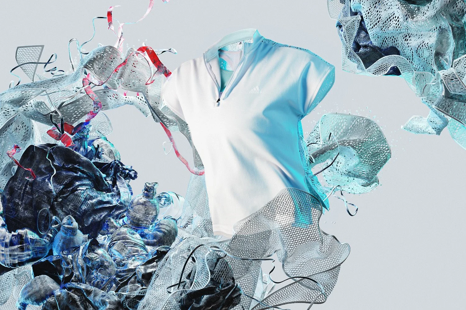 Adidas sustainable polo shirt surrounded by recycled plastic bottles and fishing nets for eco-friendly fashion