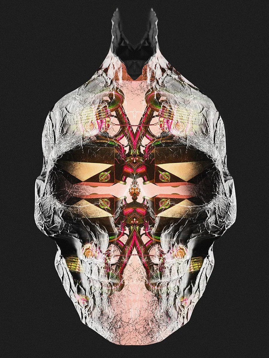 Symmetrical digital art of an abstract mechanical skull with crinkled metallic texture on a black background.
