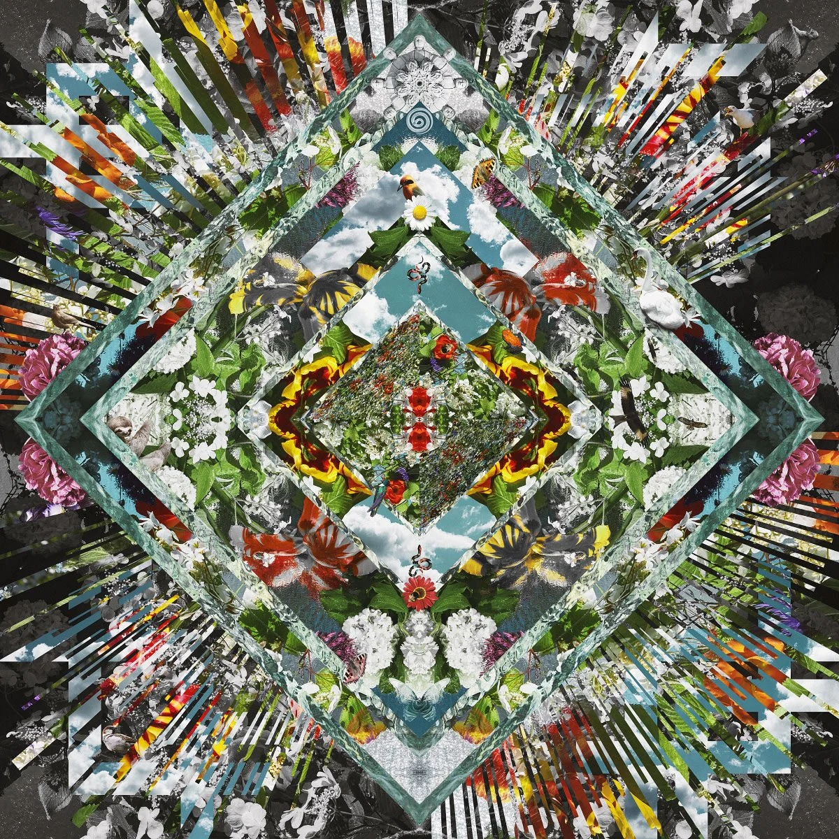 Symmetrical diamond-shaped psychedelic collage featuring flowers, birds, and animals in a kaleidoscopic nature pattern.
