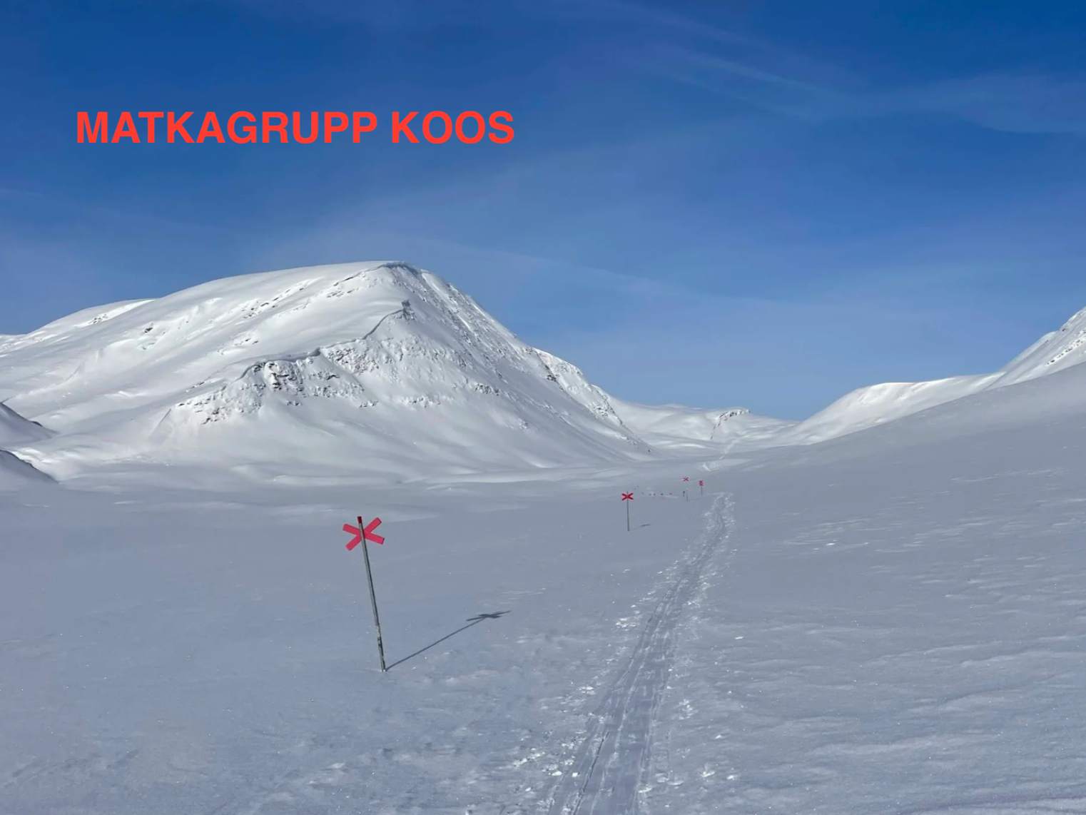 Snow-covered mountainous landscape with ski trail markers along a narrow path, under a clear blue sky.