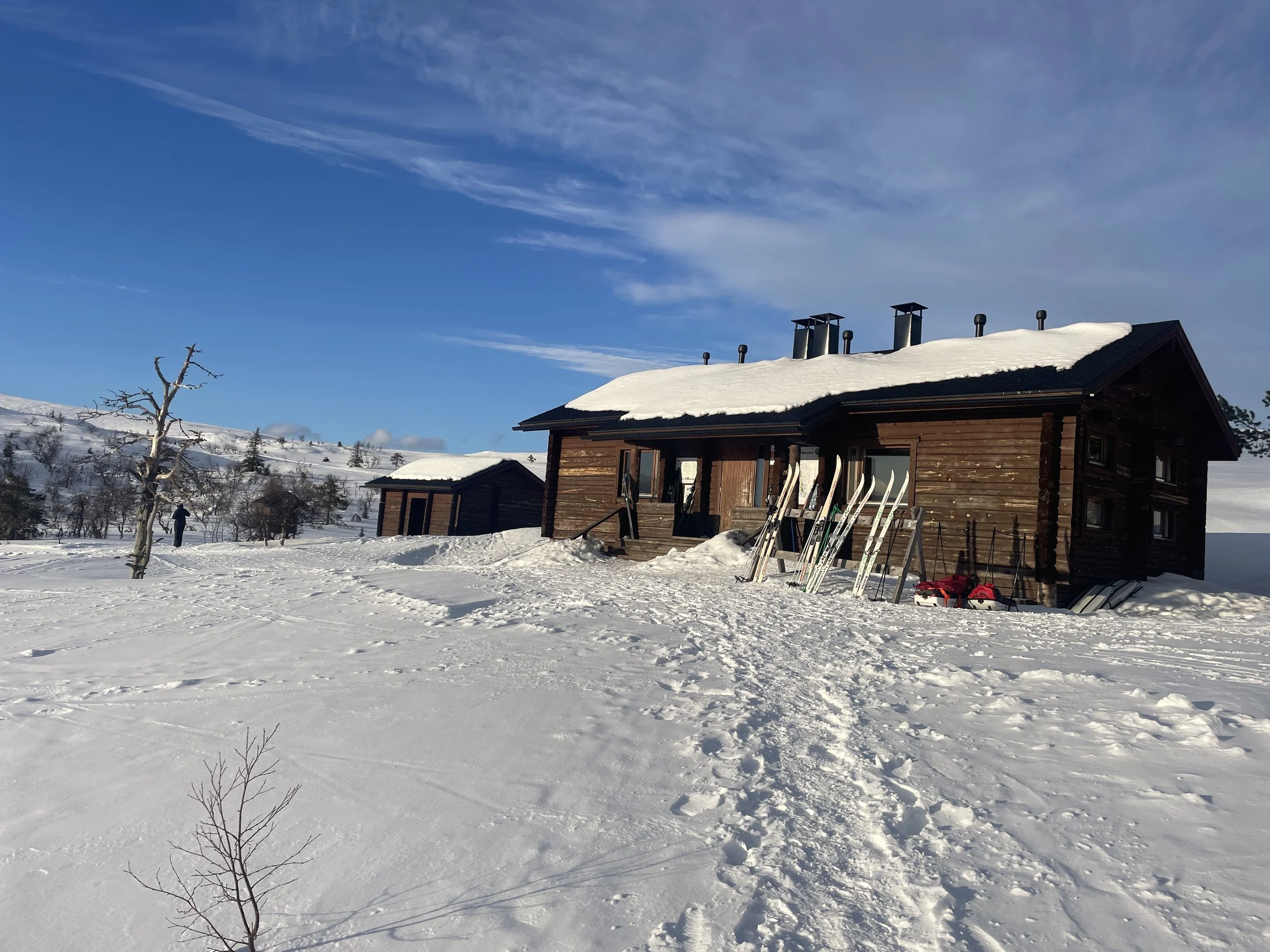A snowy landscape featuring a wooden house with snow on its roof and ski equipment leaning against the side. Bare trees and a person are visible in the background, with a clear blue sky above.