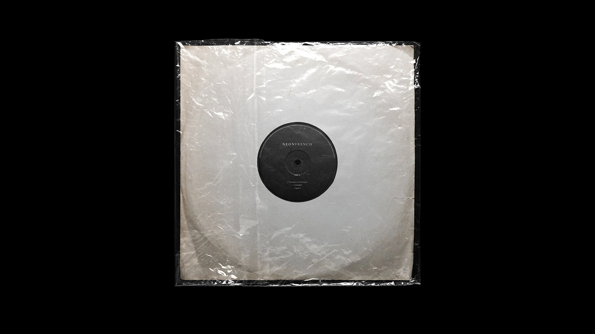 A vinyl record inside a clear plastic sleeve with a black label reading 'NEONFRENCH' and some track information, against a black background.