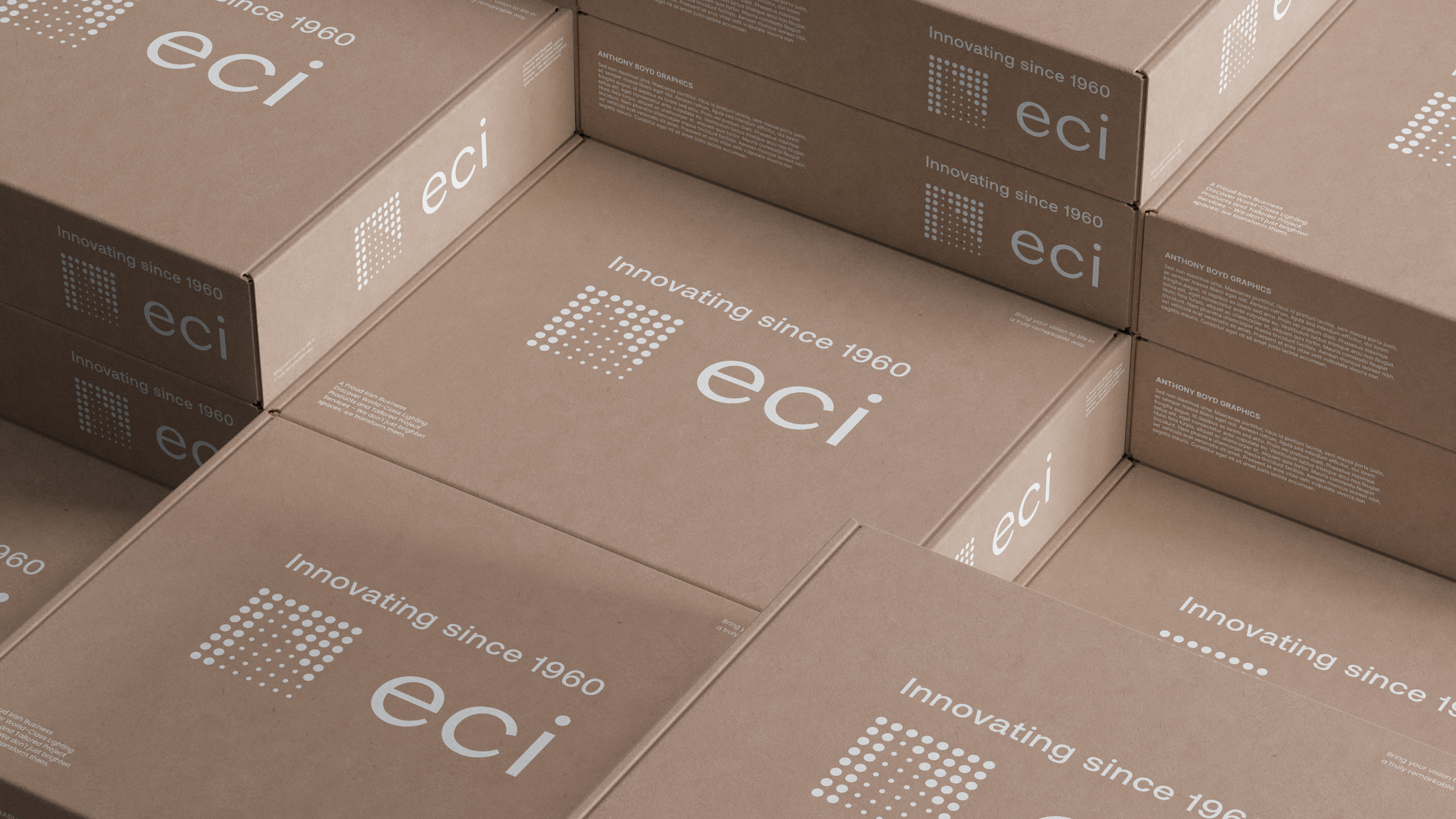 A close-up view of multiple stacked brown cardboard boxes with white text and graphics. The boxes display the phrases 'Innovating since 1960' and 'eci', along with dotted square designs and product descriptions.