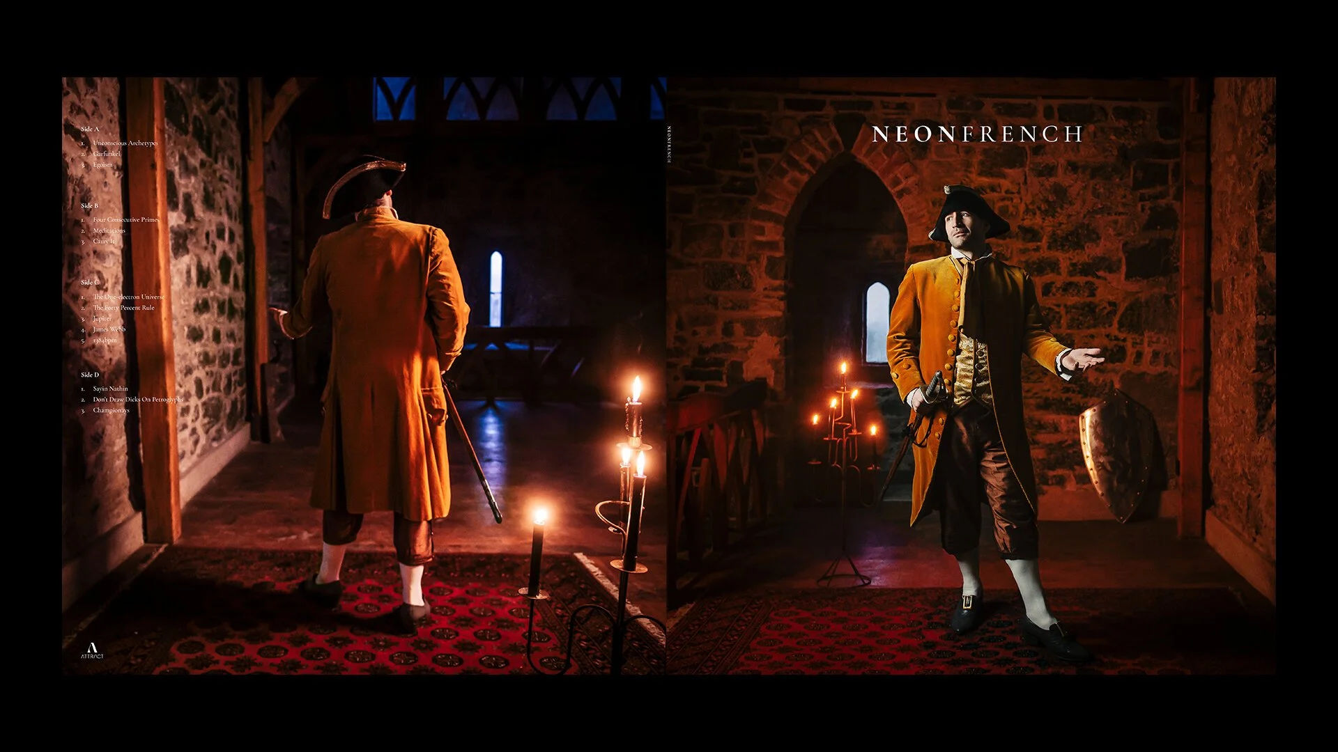Two men dressed in 18th-century military costumes in a dimly lit stone room with candles, one with his back turned and the other facing forward, with the word 'NEONFRENCH' at the top right.