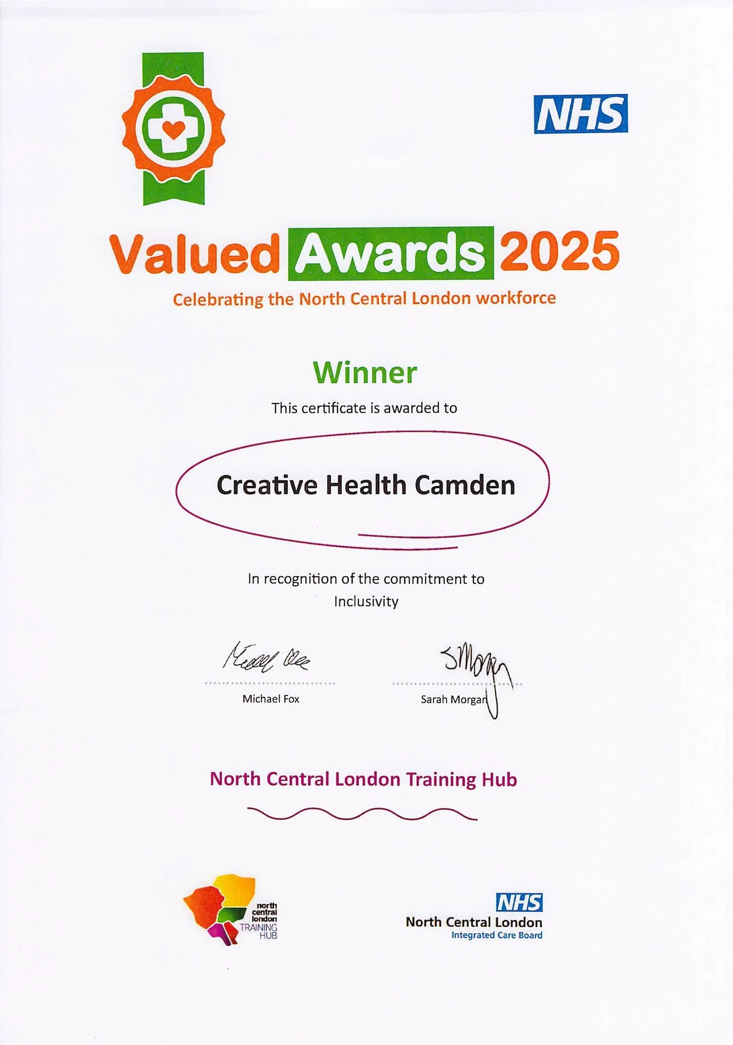 We are thrilled to announce that Creative Health Camden is the recipient of North Central London Training Hub Valued Awards 2025 for our initiatives and commitment to inclusivity 👏 ✊ 

'An inclusive culture is one where everyone feels like they trul