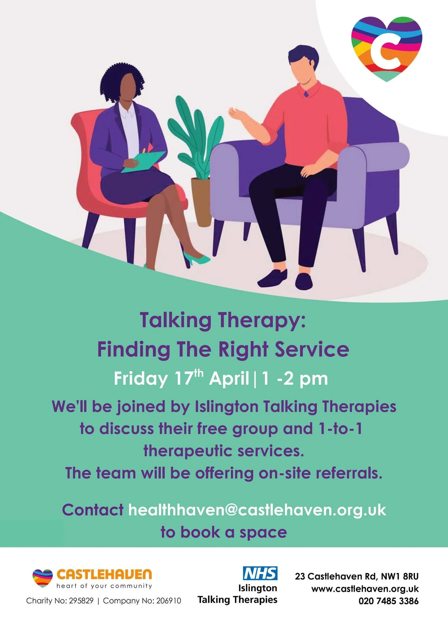 Talking Therapy: Finding the Right Service

APRIL 17 13:00PM - 14:00PM

AT CIVIC ACTION LAB, 2 Prince of Wales Rd, London NW5 3LQ

Islington Talking Therapies will be discussing the free therapeutic services they offer across the Camden borough.

Tak