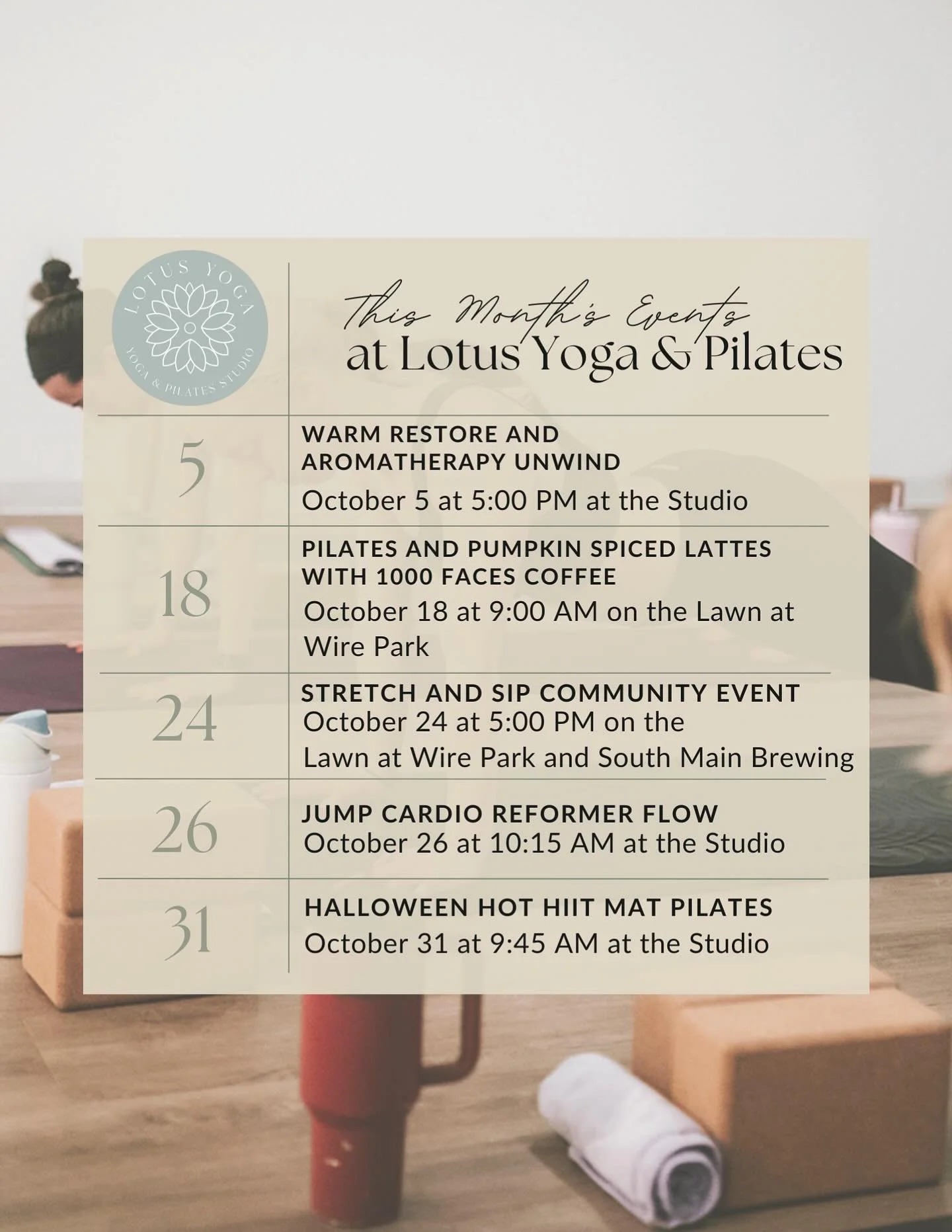 October is packed with fun at Lotus Yoga &amp; Pilates! From cozy restorative sessions to high-energy workouts and community events. There&rsquo;s something for everyone. Mark your calendars!

🌿 Warm Restore &amp; Aromatherapy Unwind
Sunday, Oct 5 |