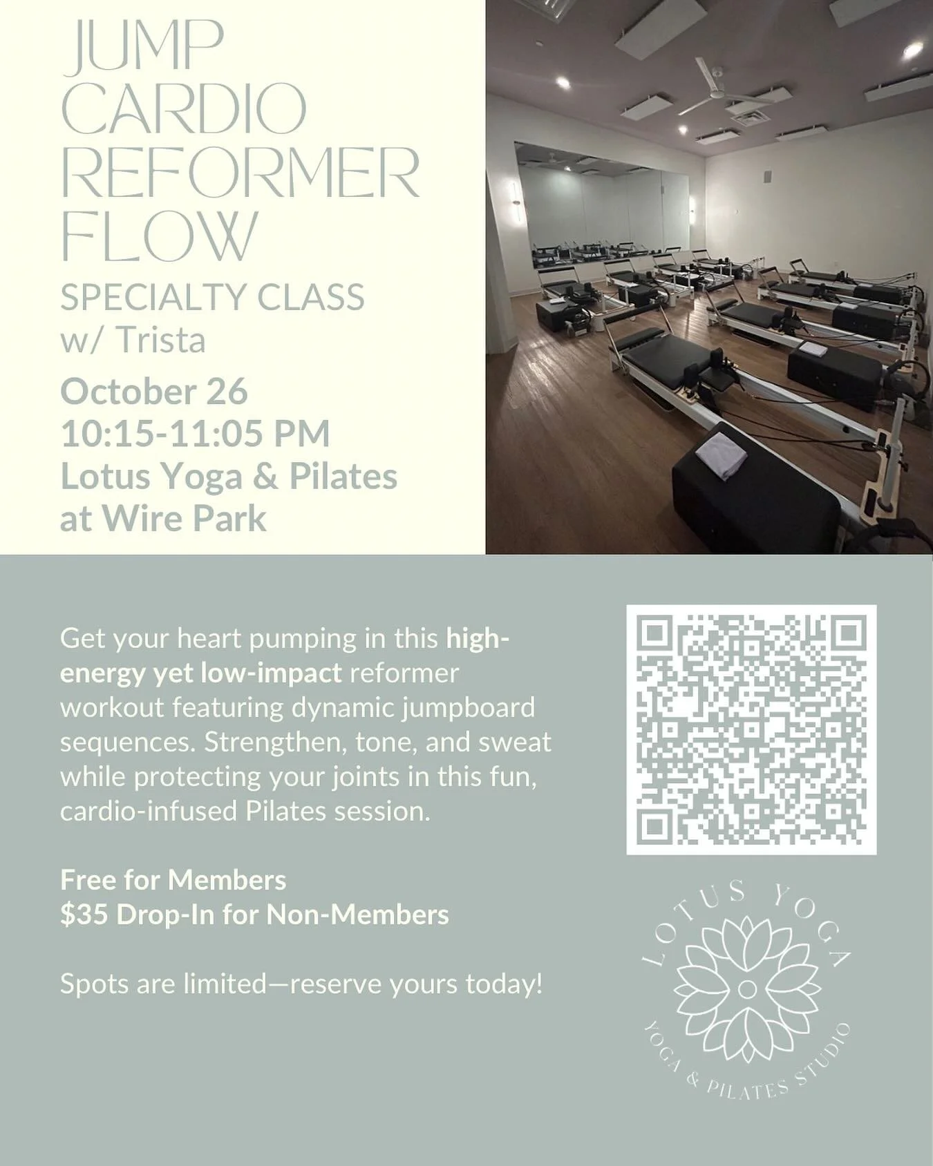 Get your heart pumping in this high-energy, low-impact reformer workout featuring dynamic jumpboard sequences. Strengthen, tone, and sweat while protecting your joints in this fun, cardio-infused Pilates session.
Join us, Sunday, October 26 from 10: