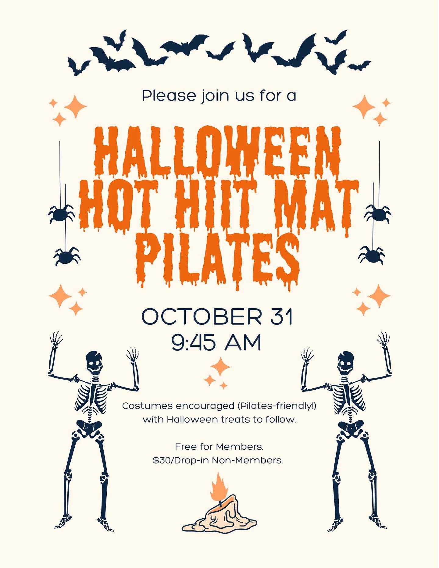 🧛&zwj;♀️ Halloween Hot HIIT Mat Pilates 🎃
Friday, October 31 | 9:45&ndash;10:35 AM

Celebrate Halloween with a high-intensity yet low-impact Pilates workout set to a spooky playlist. Expect sweaty intervals, core-sculpting moves, and plenty of fest