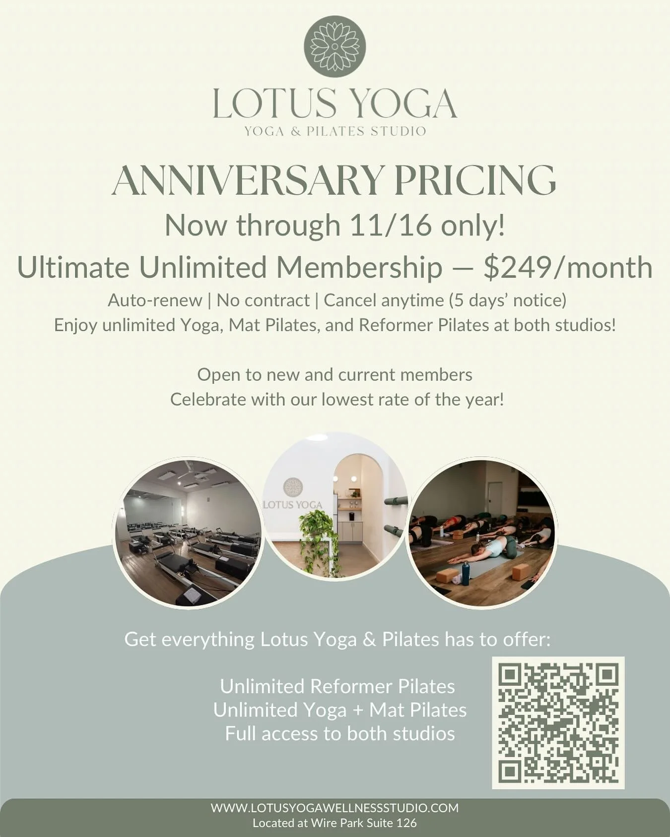 Celebrate with us! Enjoy our Ultimate Unlimited Anniversary Membership for just $249/month, our lowest rate of the year.

Get everything Lotus Yoga &amp; Pilates has to offer:
 Unlimited Reformer Pilates
 Unlimited Yoga + Mat Pilates
 Full access to 