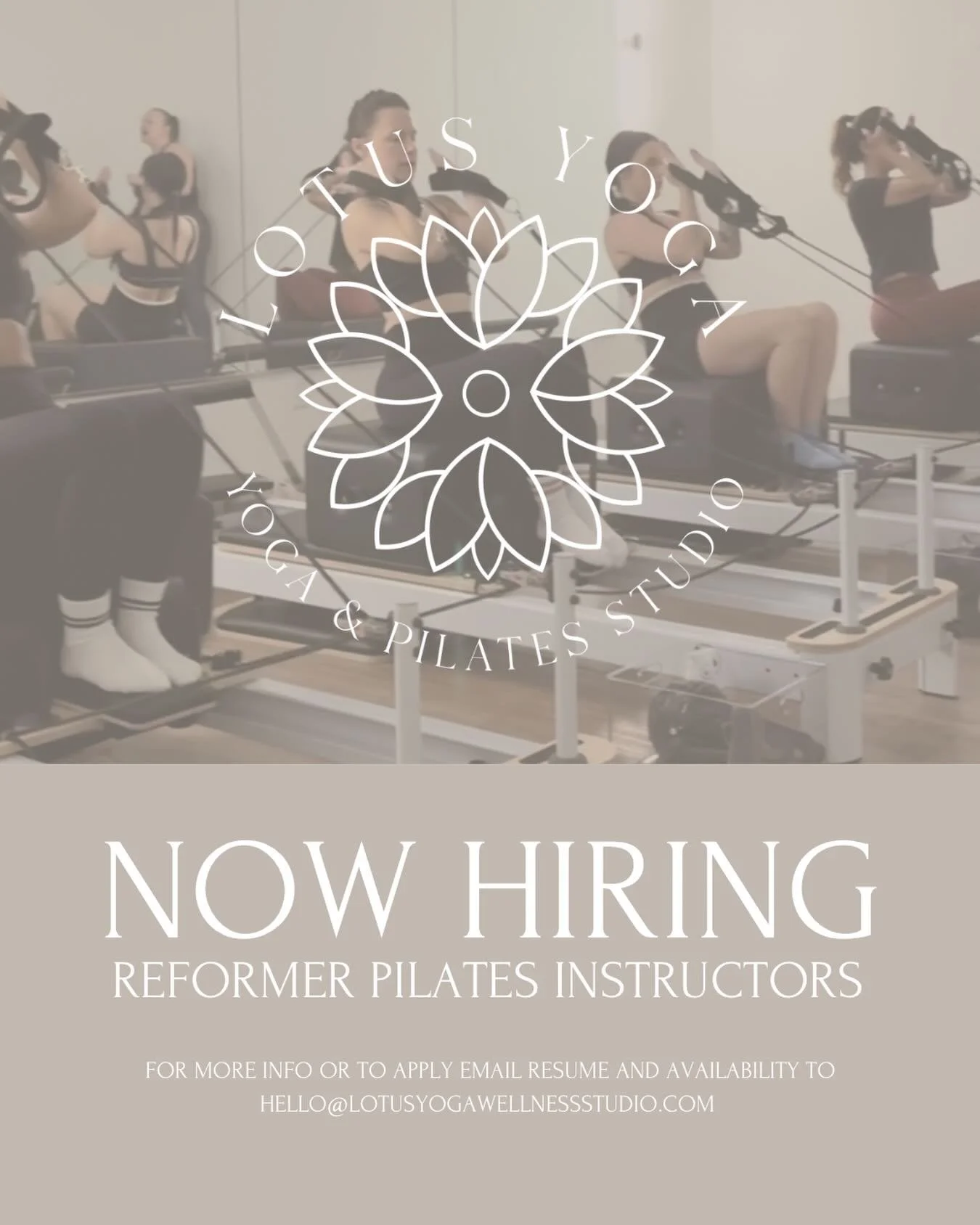 We&rsquo;re growing our team 

Lotus Yoga &amp; Pilates is hiring Reformer Pilates instructors! We&rsquo;re looking for instructors with afternoon/evening and weekend availability who love creating a supportive, welcoming class environment.

If you&r
