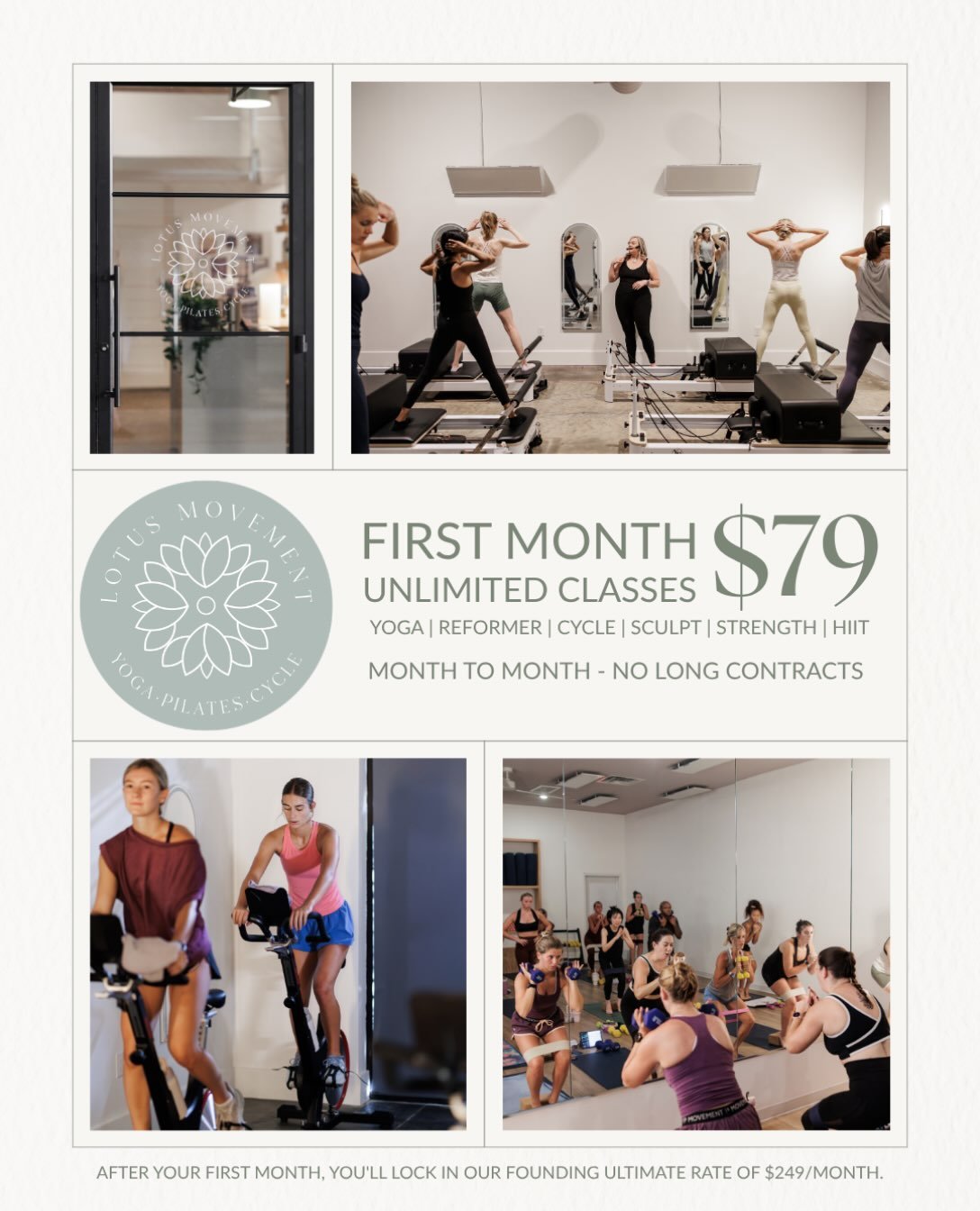 YOUR FIRST MONTH. JUST $79.

If you&rsquo;ve been thinking about trying Lotus Movement, this is your sign.

For a limited time, new and returning members can get their first month of unlimited classes for just $79.

That means unlimited:
✨ Yoga
✨ Ref