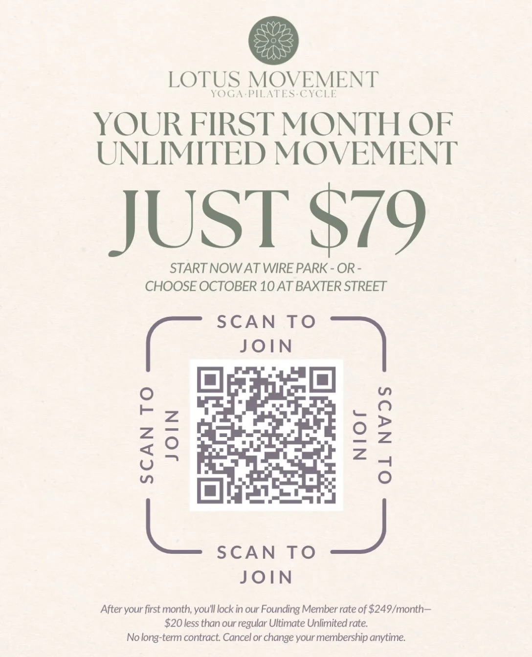 WHY WAIT? YOUR $79 MONTH STARTS WHEN YOU DO.

Take advantage of our Founding Member rate and get your first month of unlimited classes for just $79.
And you get to choose when you start.
✨ Start now and move with us at Wire Park in Watkinsville.
✨ Ch