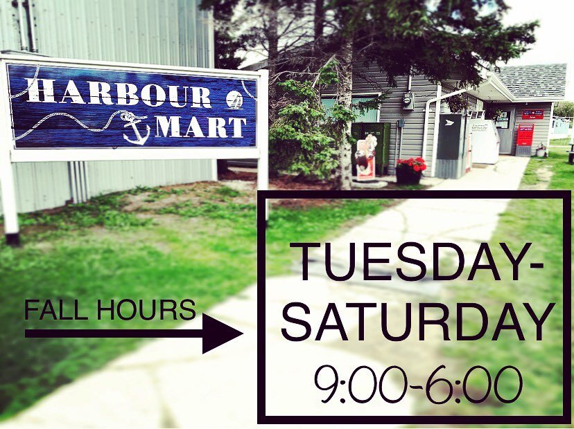 New fall/winter hours effective immediately for Harbour Mart! We will remain open Tuesday- Saturday with reduced hours of 9:00-6:00 and be closed Sundays &amp; Mondays. 🙂