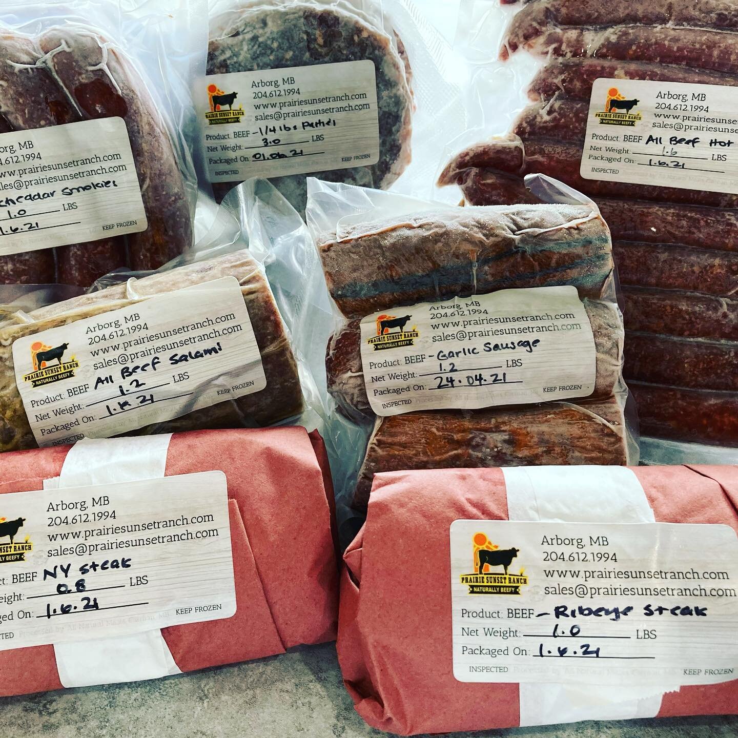 Harbourmart has just stocked up on all of your @prairiesunsetranch favourites!! We now have: cheddar smokies, beef salami, hamburger patties, hot dogs, garlic sausage, NY steak, ribeye steak &amp; pepperettes (not pictured). Drop in today to grab som