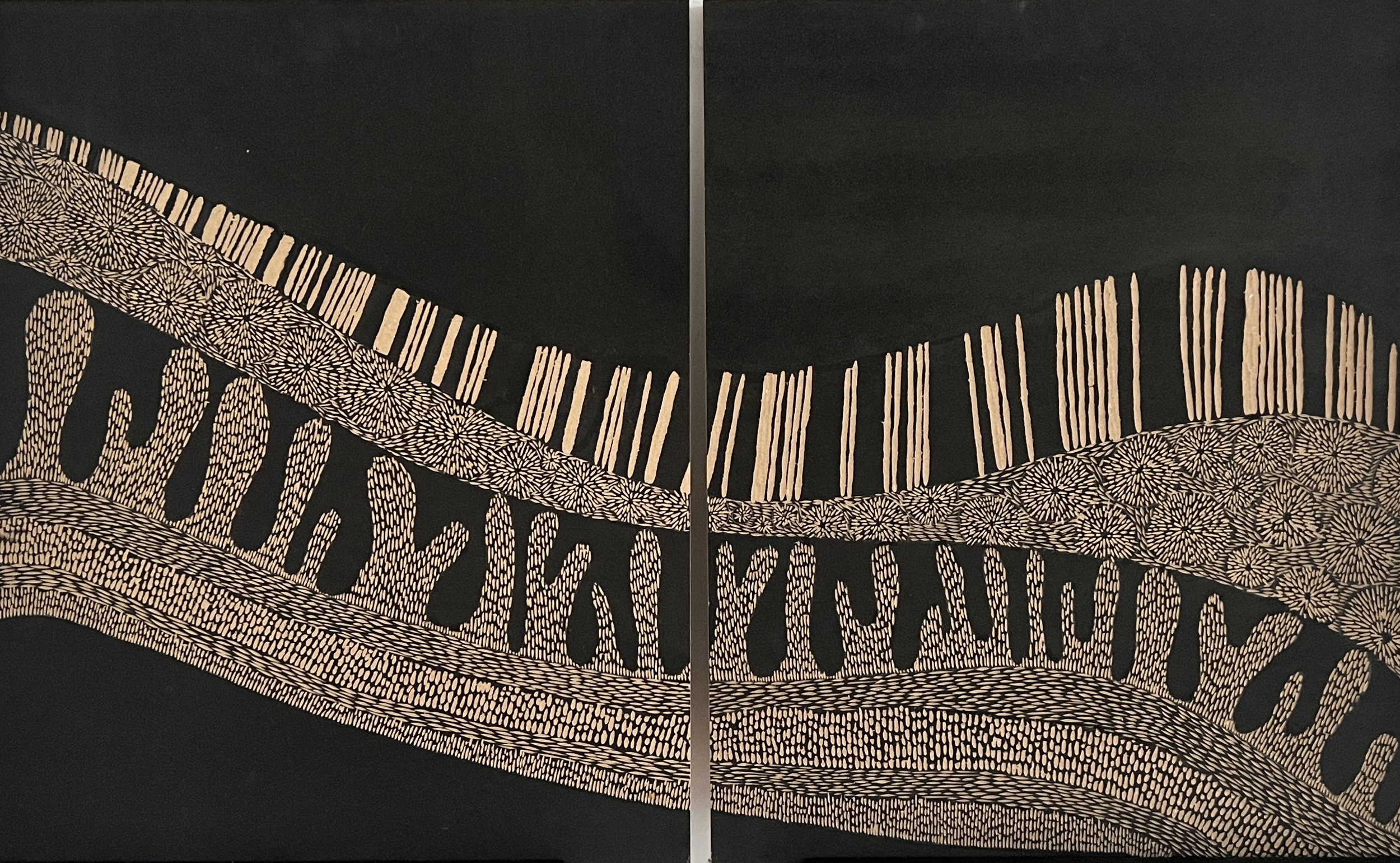 Abstract artwork featuring intricate patterns and textures on a dark background, divided by a central vertical line. The patterns include curving lines, circular motifs, and elongated shapes in a contrasting beige color.