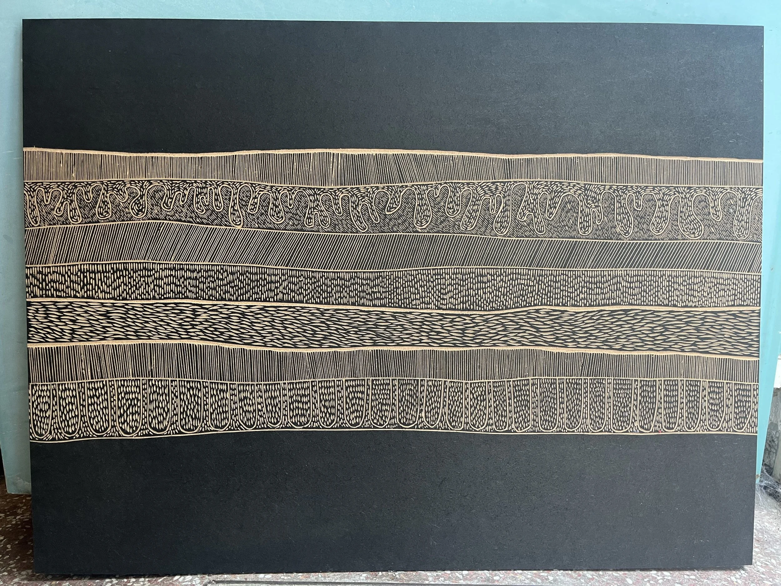 Abstract artwork featuring wavy and linear patterns on a large canvas, predominantly in black and beige colors.