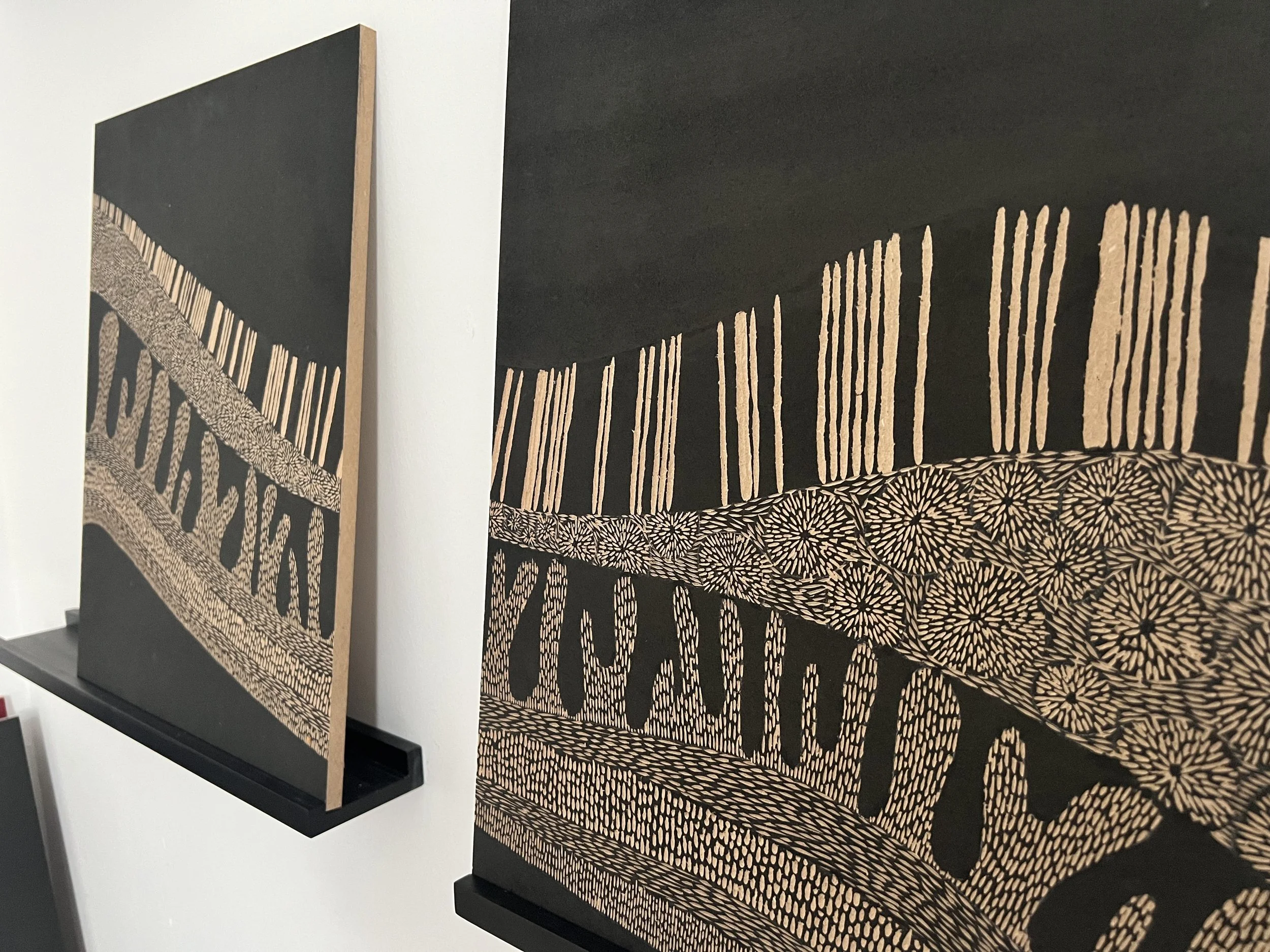 Close-up of abstract paintings with black backgrounds and intricate beige patterns resembling natural textures, mounted on a wall.