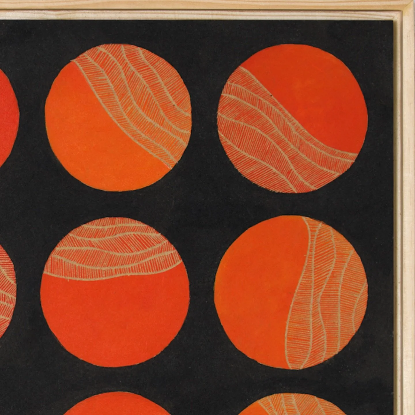 Zooming in on the textures, layers, and quiet energy of &ldquo;16 little happy sunsets.&rdquo; Swipe to see how it brightens a room 🍊🖼

&rarr; Woodcut on MDF, Sumi Ink + Acrylic &rarr; 61.5 x 61.5cm, framed in pine &rarr; Created in August 2024

Al