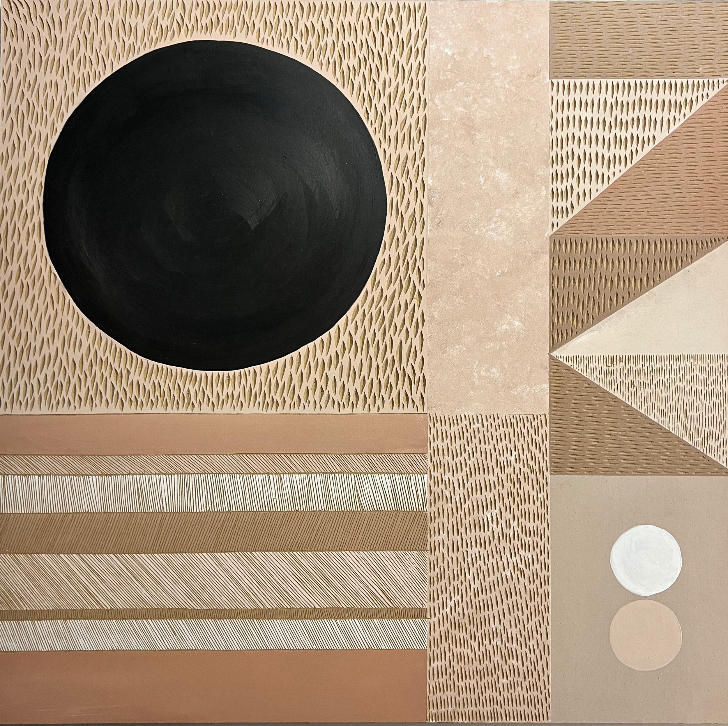 Abstract geometric artwork featuring a large black circle, beige patterns, and tan rectangles with textures and two small circles, one white and one tan.