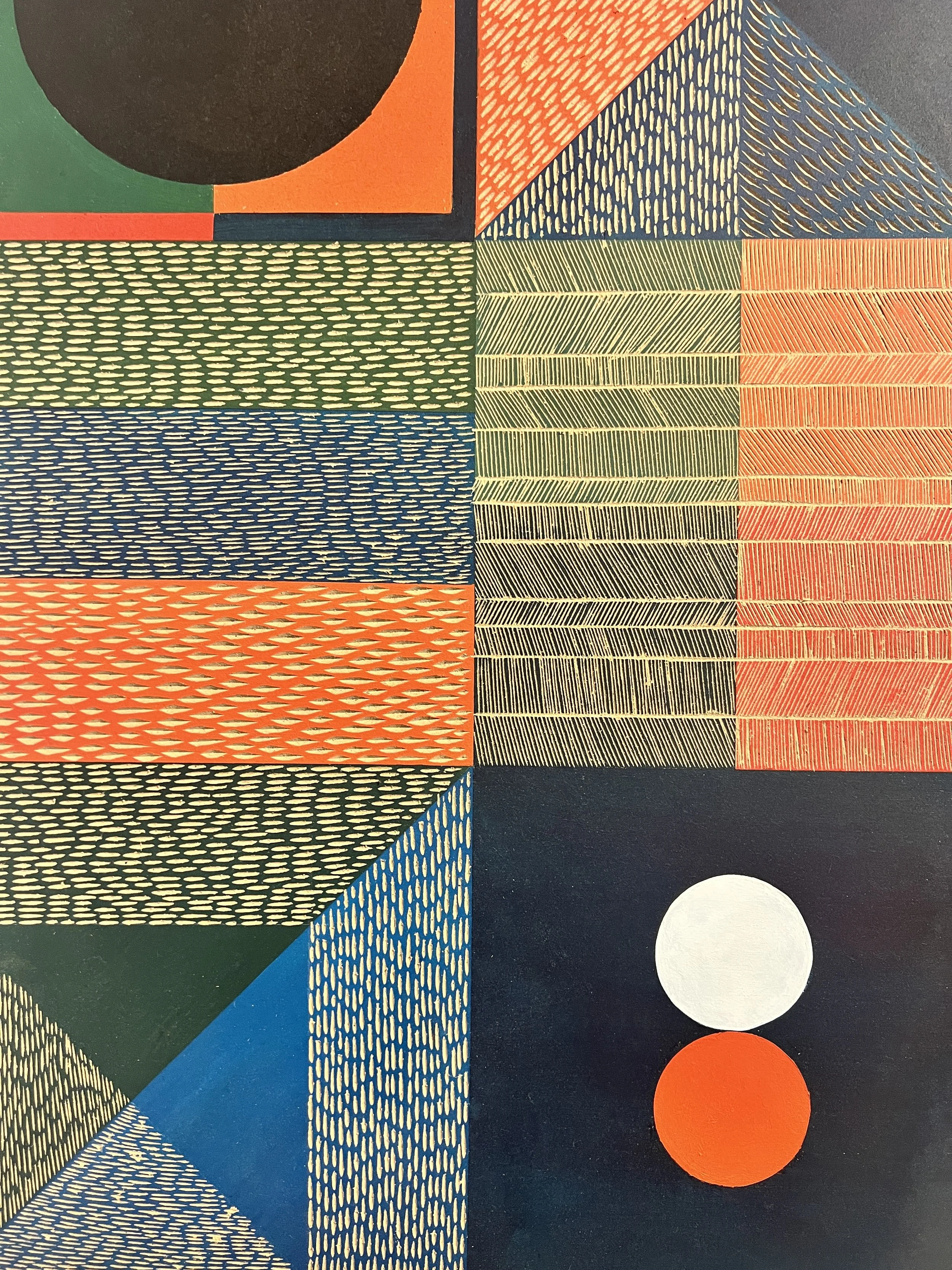 Abstract geometric pattern with colorful shapes and textures, including circles, triangles, and rectangles in shades of orange, blue, green, and white.