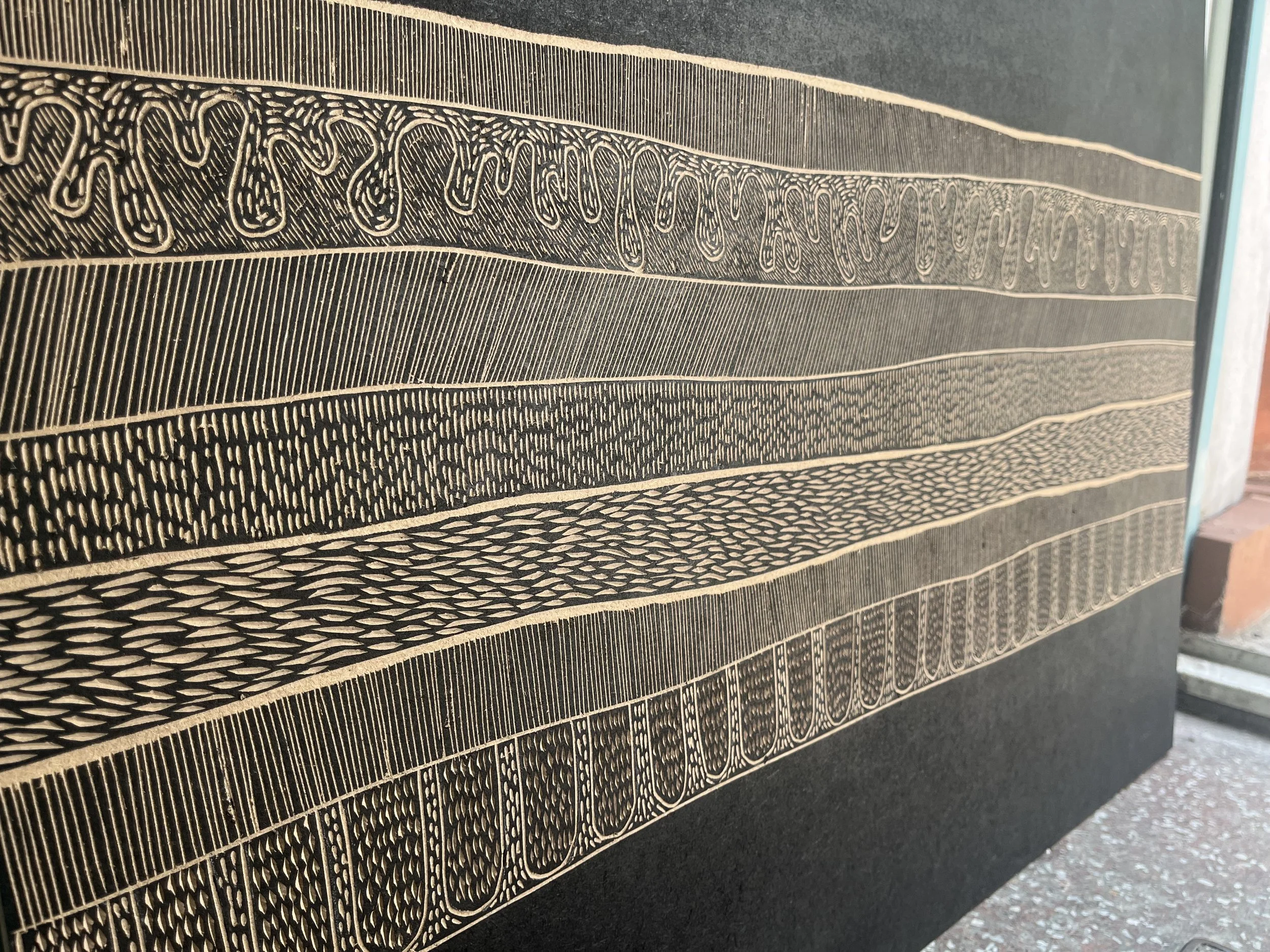 Close-up of a detailed black and white illustration featuring various intricate patterns and textures, including spirals, lines, and organic shapes.