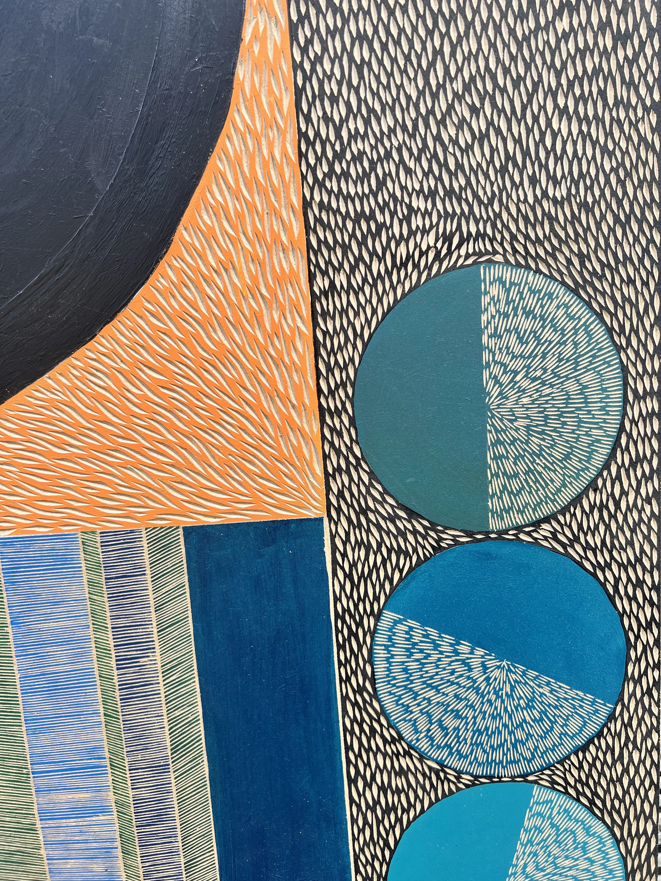 Abstract geometric artwork with overlapping shapes, including circles and rectangles, in orange, blue, and black patterns.