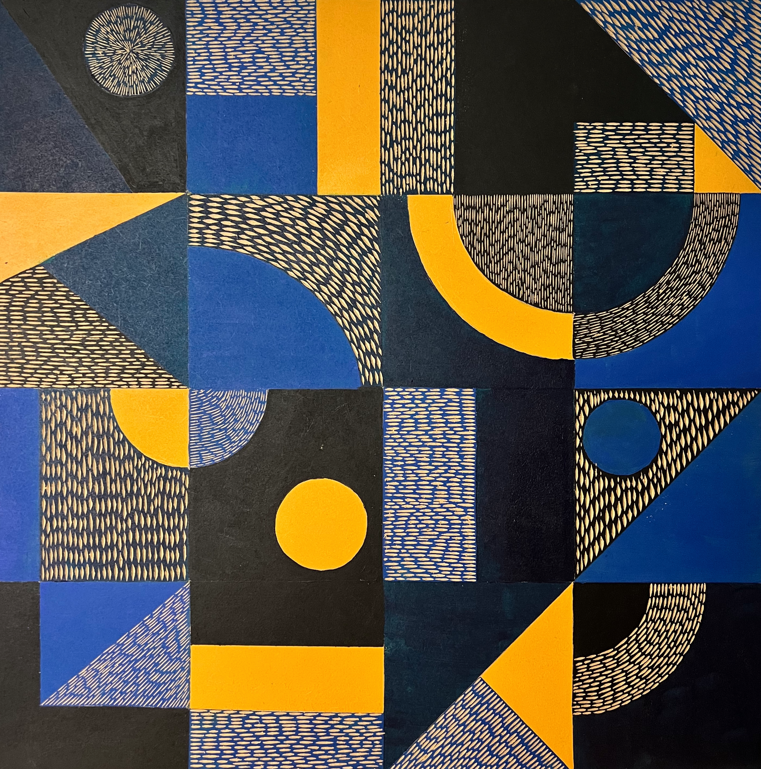 Abstract geometric pattern featuring yellow, blue, and black shapes with intricate textures, including circles, semicircles, rectangles, and triangles in a grid layout.