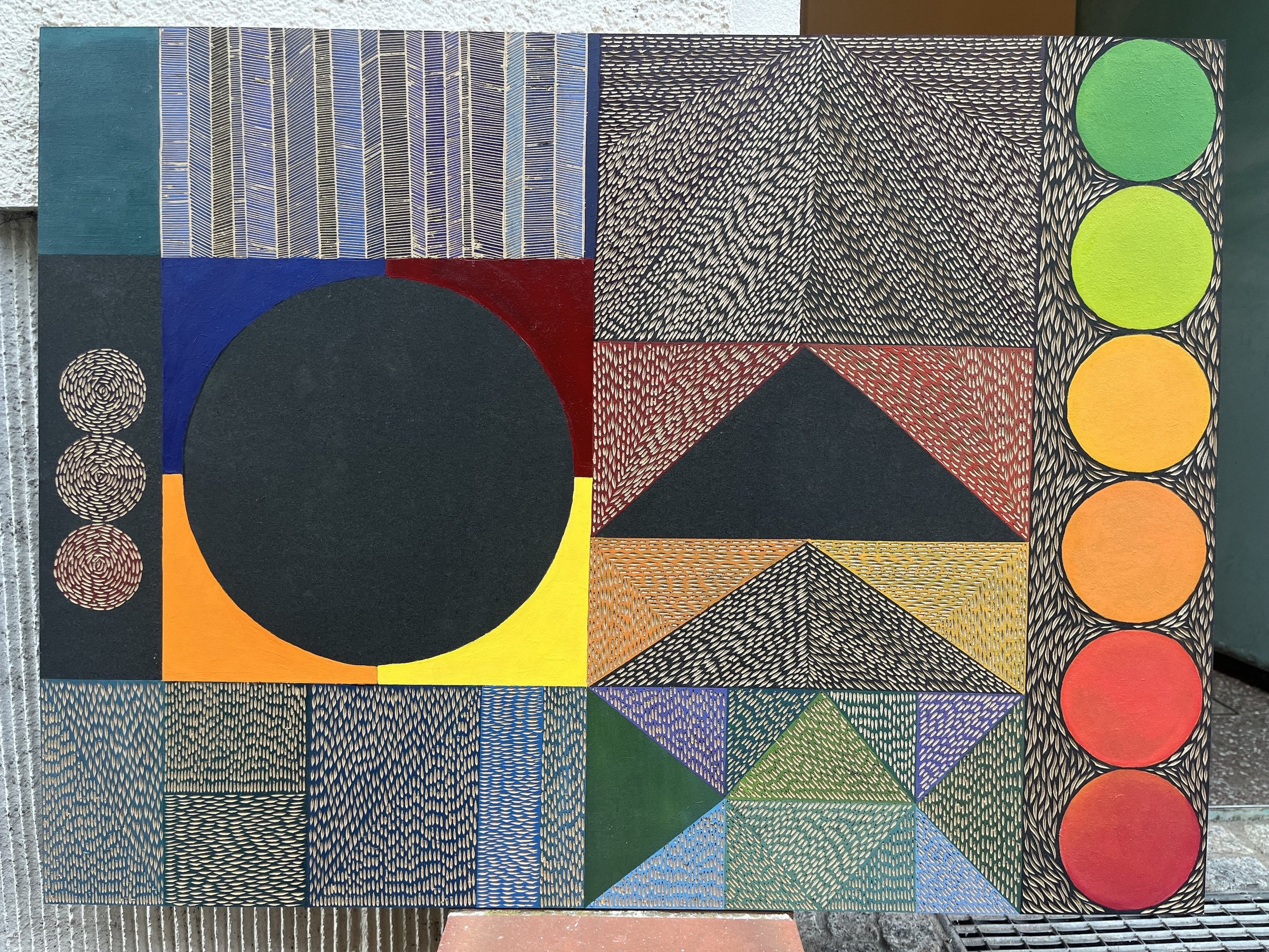 Abstract painting with geometric shapes and colorful patterns, including circles, triangles, squares, and textured lines.