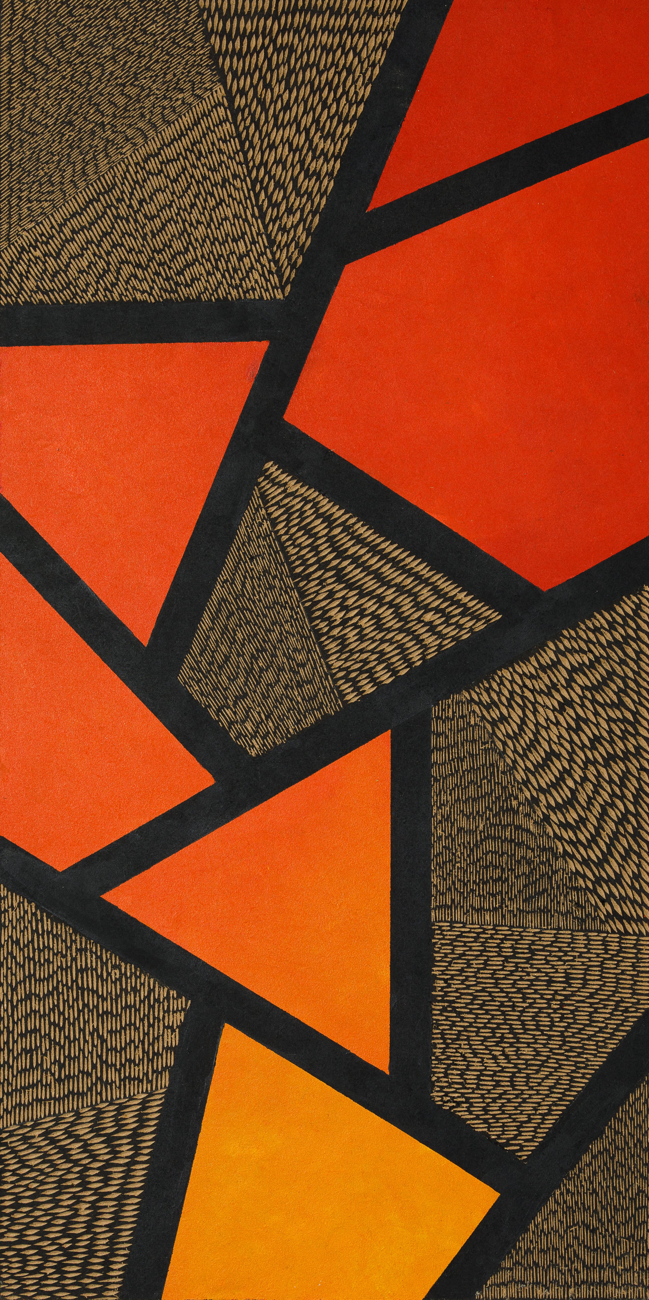 Funky lines (on fire), Jan 2024.
82 x 43.5 cm with frame.
Woodcut on MDF with Sumi Ink and Acrylic Paint.
700 euros