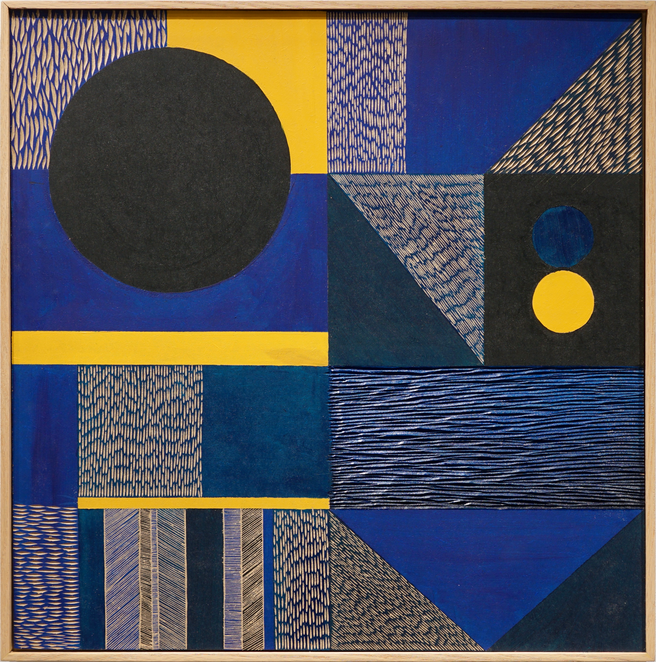 She can have it all [blue/yellow], November 2025.
60x60cm without frame.
Woodcut on MDF with Acrylic Paint
820 euros