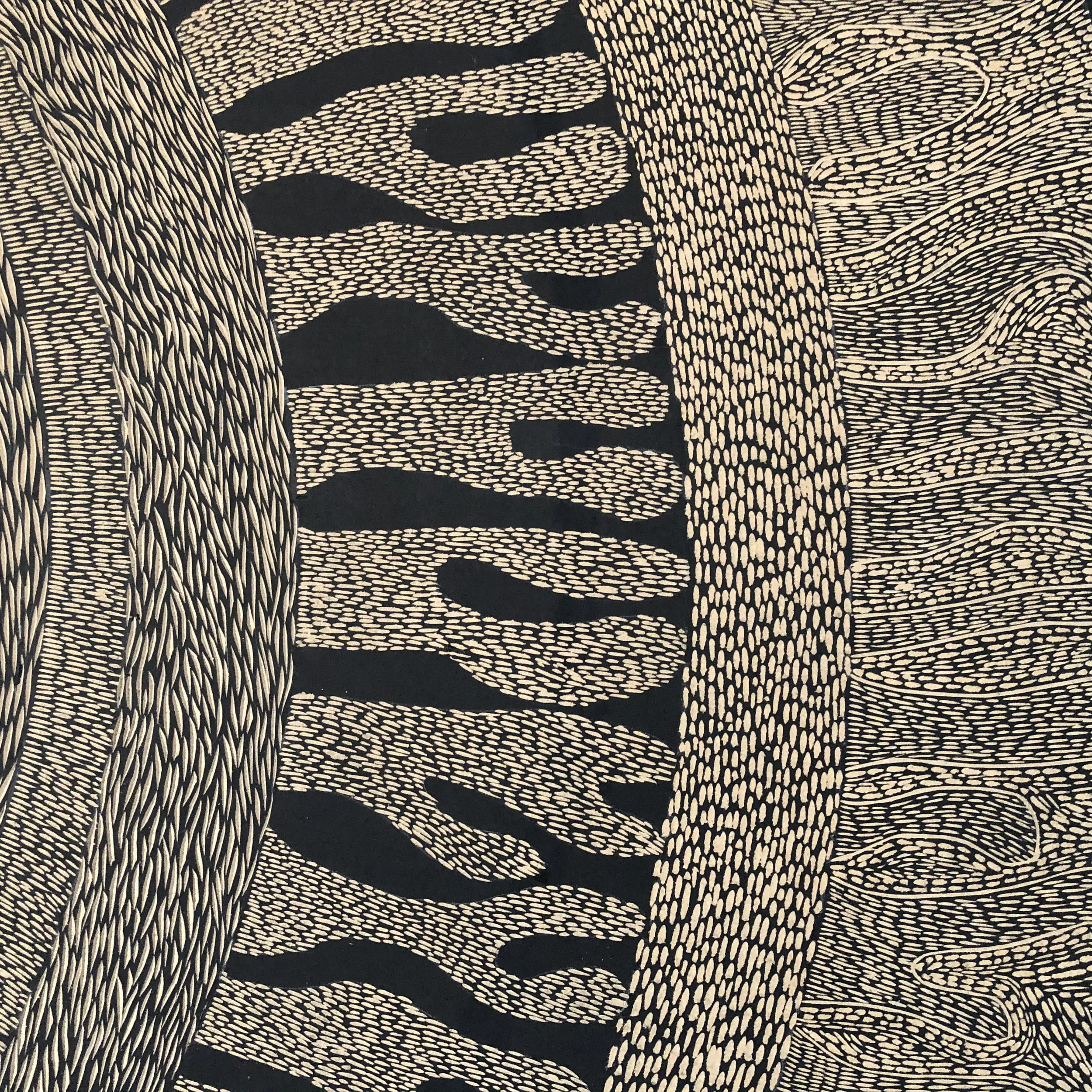 Abstract black and beige pattern with wavy, organic shapes and lines.